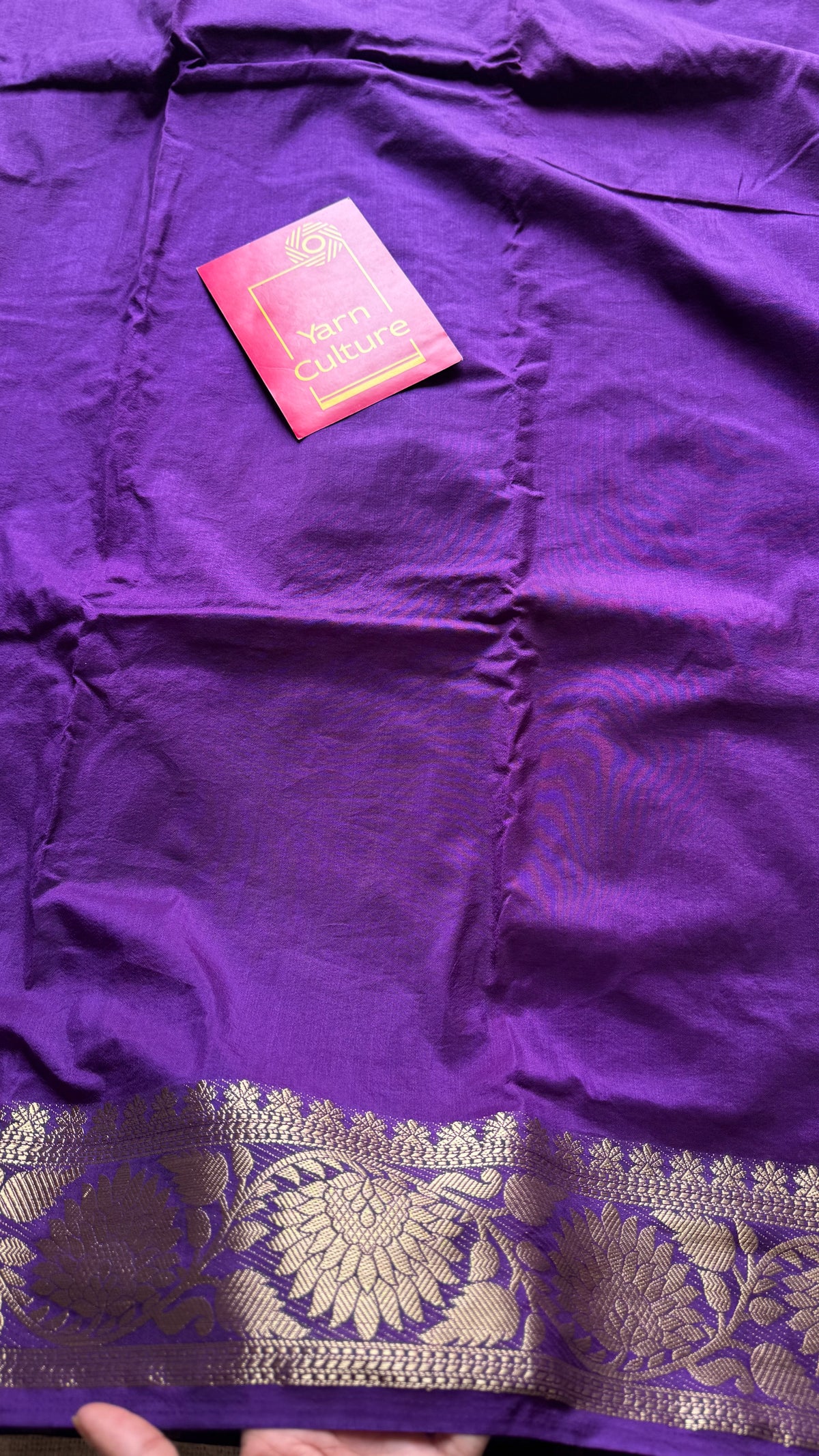 Purple, semi crepe silk saree with antique gold floral border - YCLOKOC59
