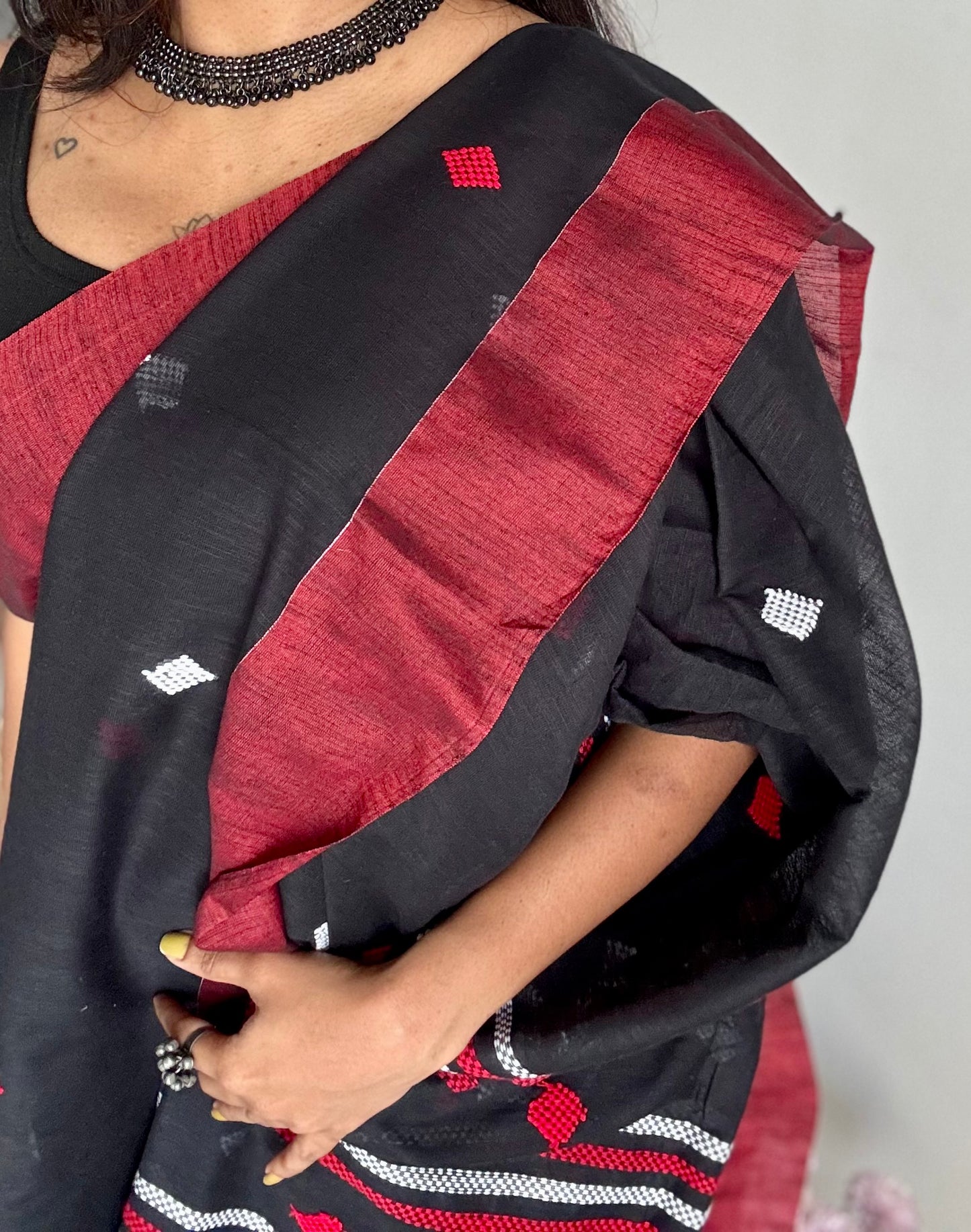 Black with red, soft khadi cotton with woven motifs - YCBCKCDE25