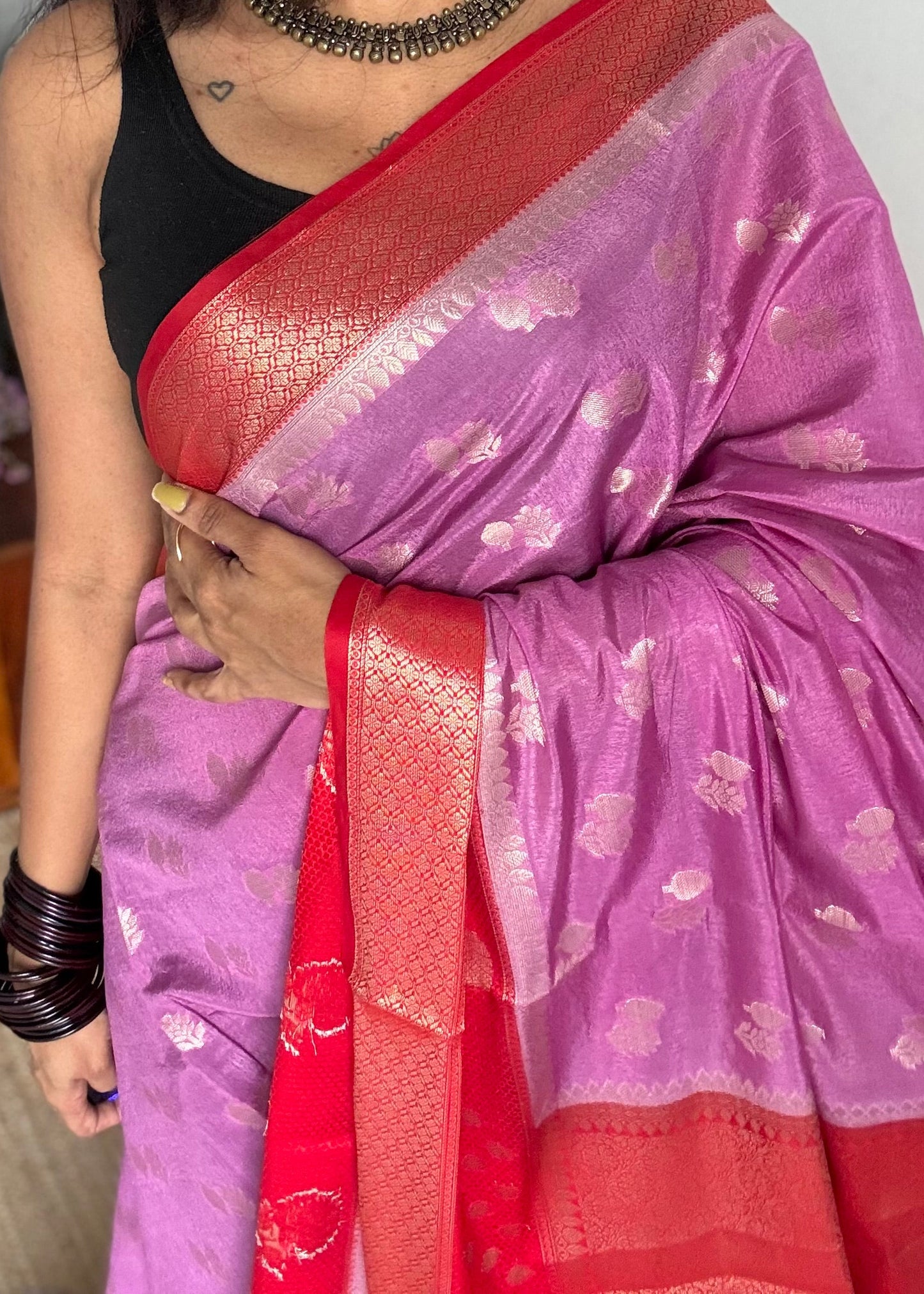 Lilac with red border, semi dupion silk - YCBLSSJA26