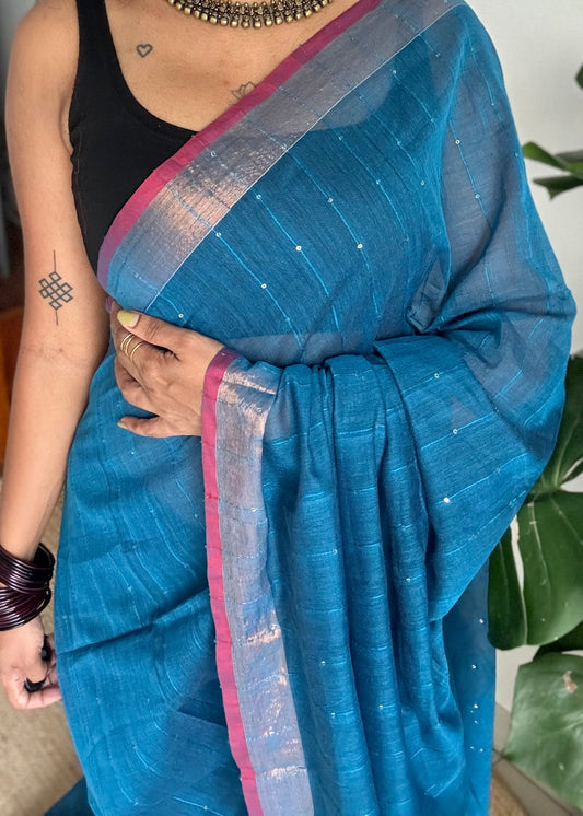 Peacock blue mul cotton saree with sequins and zari border - YCBCMCSE31