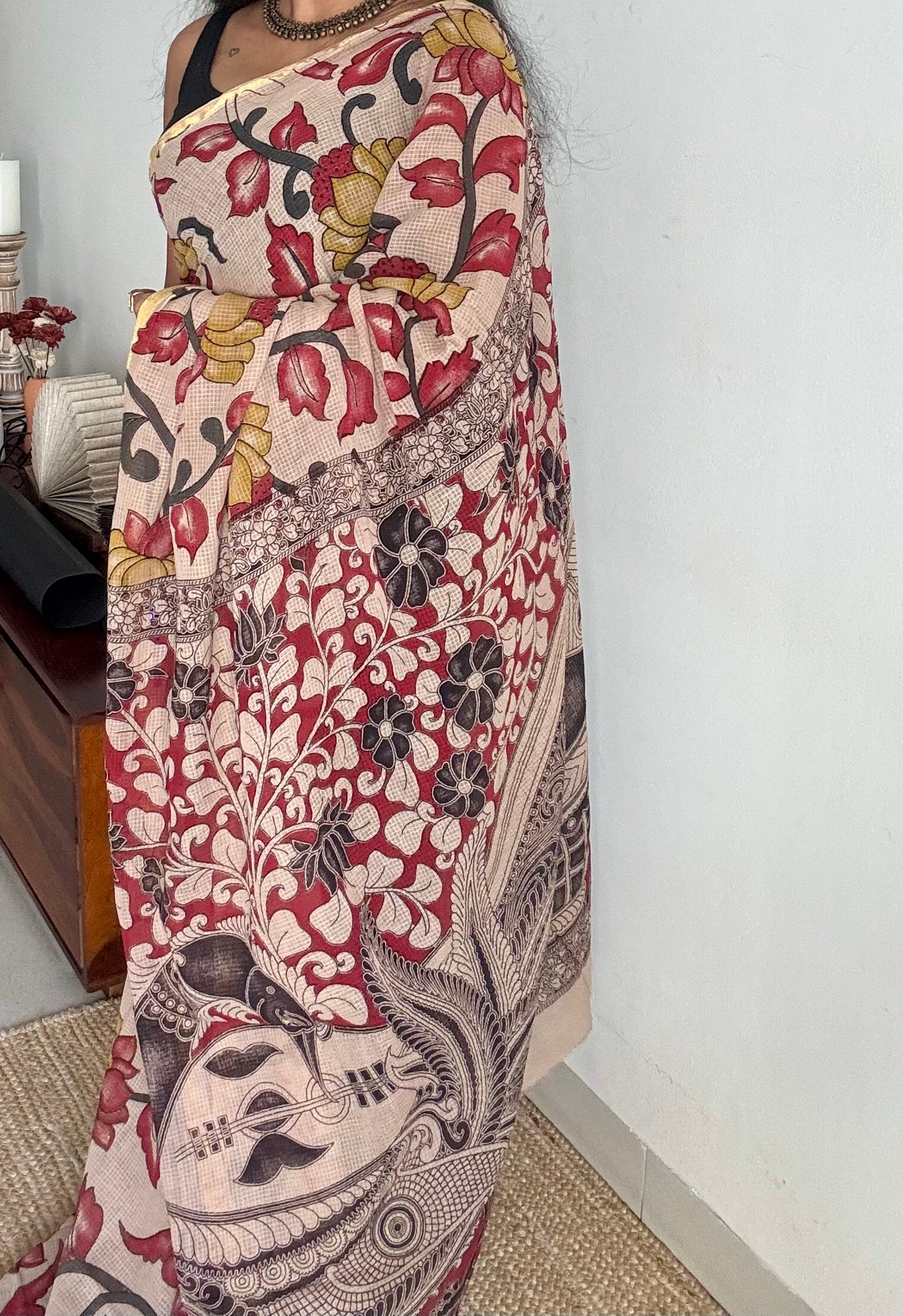 Cream multicoloured floral kalamkari saree in kota - YCWOTDMA357