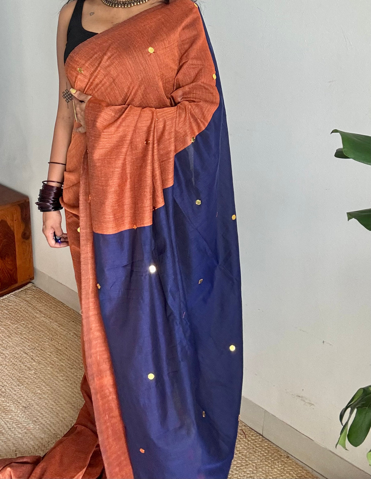 Orange with blue contrast pallu, gini sequins, soft cotton saree - YCBCSCOC08