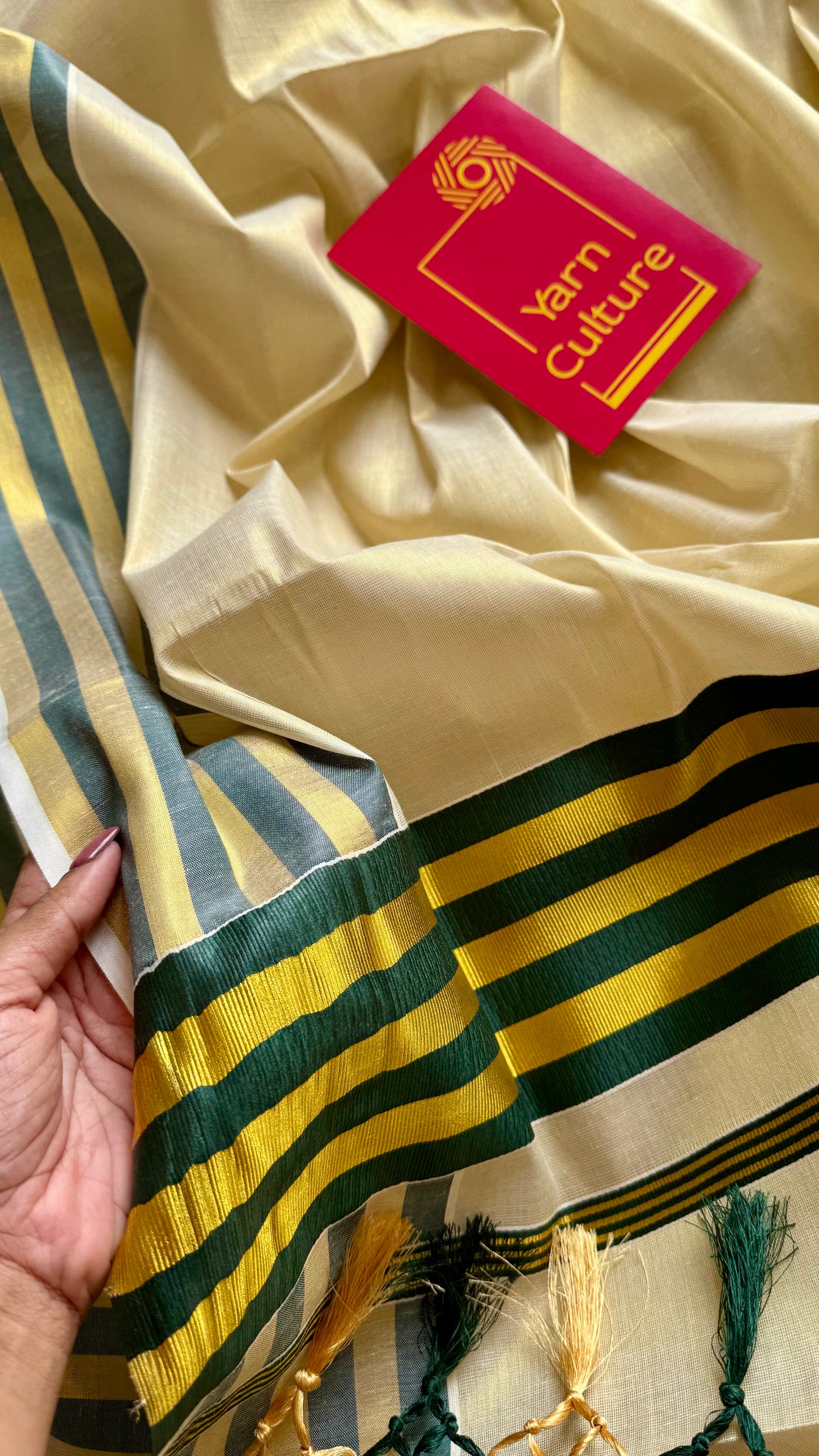 Ivory and gold soft tissue cotton saree, dark green border - YCIEON68