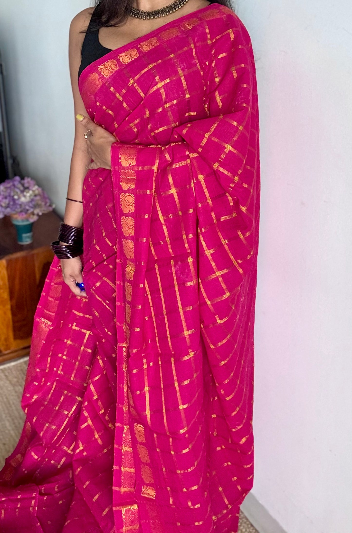 Magenta pavithra kattam kattuchayam dyed madurai cotton saree - YCCOTNMSFE137