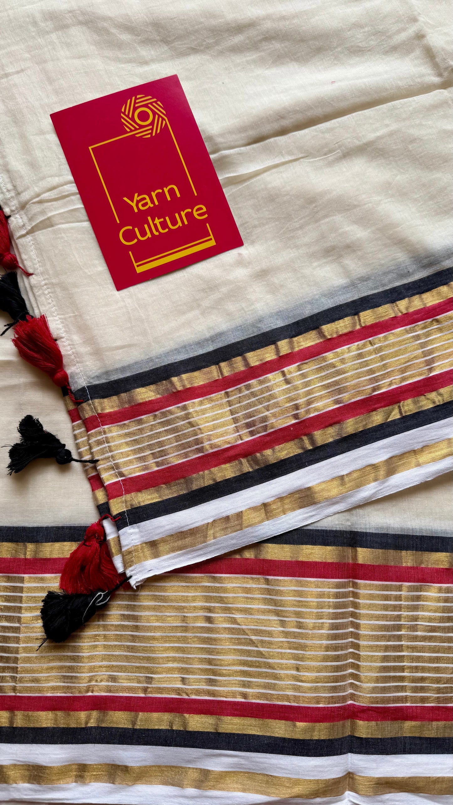 Ivory mul saree, red, black and gold striped border - YCIEON15
