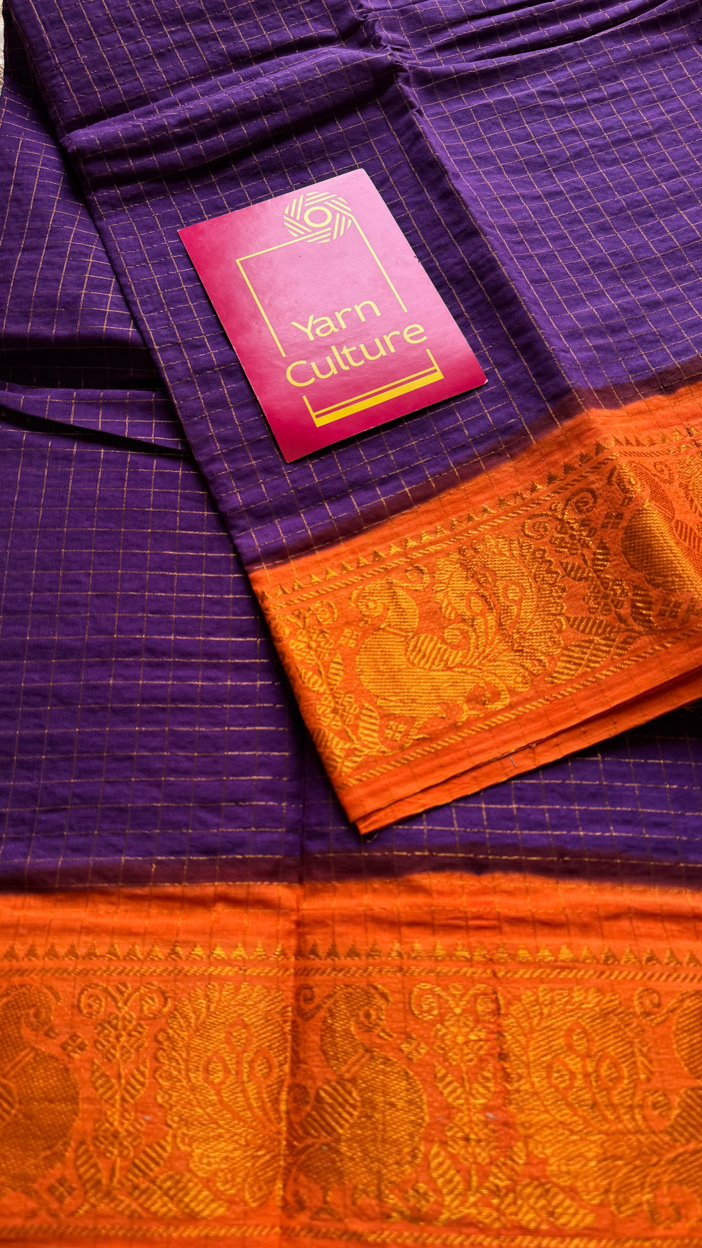 Purple with orange contrast zari checkered sungudi, kattuchayam dyed madurai cotton - YCCOTNMSAP195
