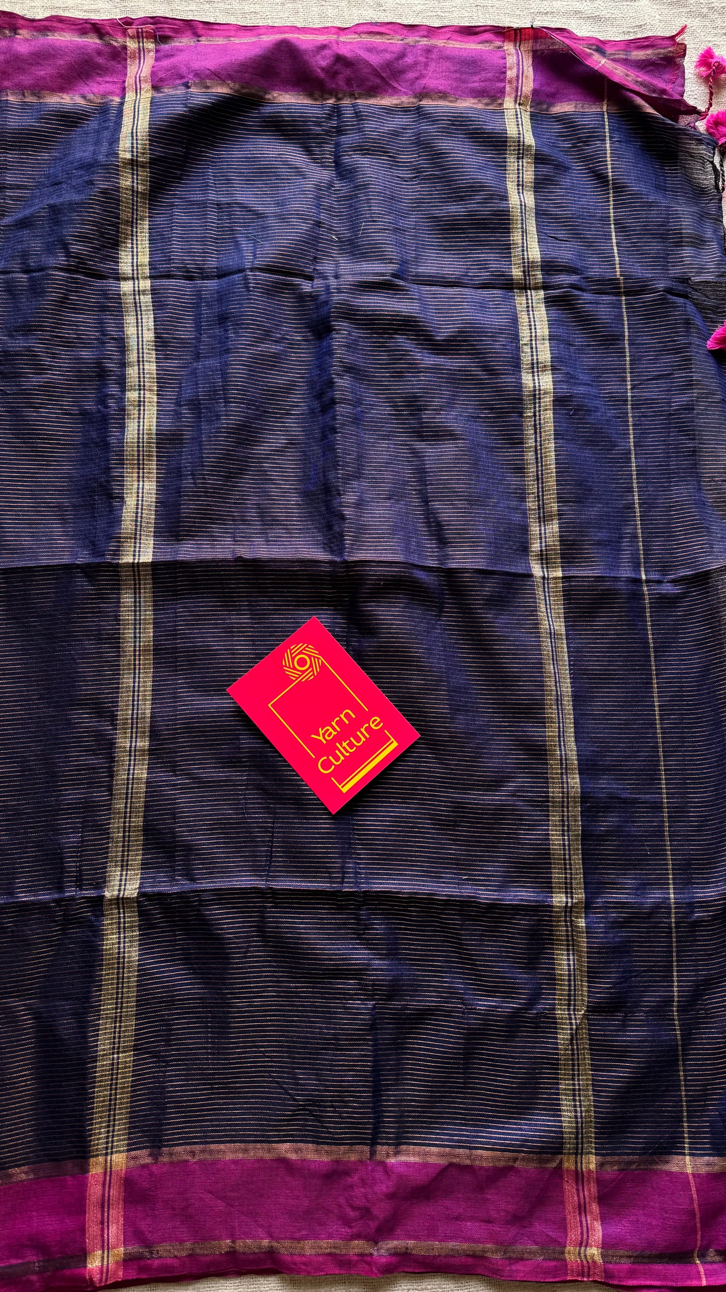 Dark blue with magenta gap border, gold zari stripes, soft cotton - YCBCKCZDE129