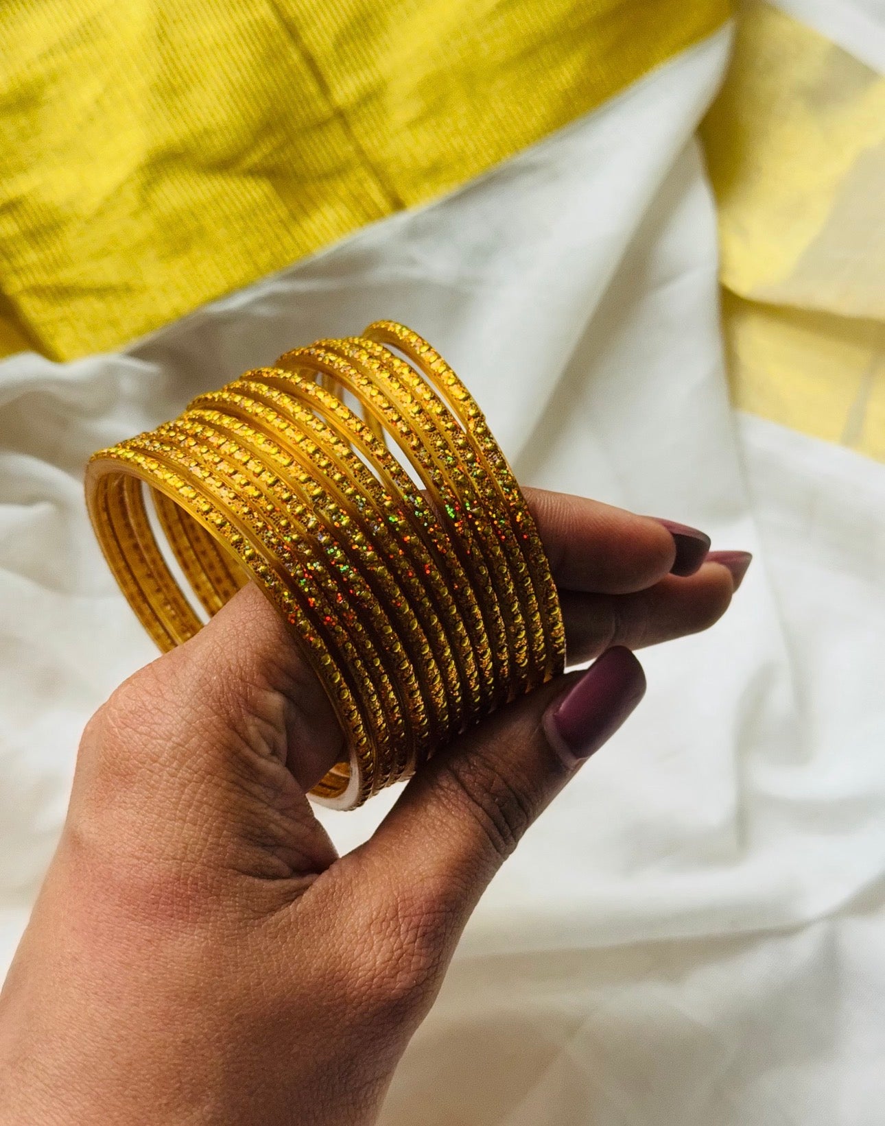 Golden glittered glass bangles, set of 12 - YCBANGL844
