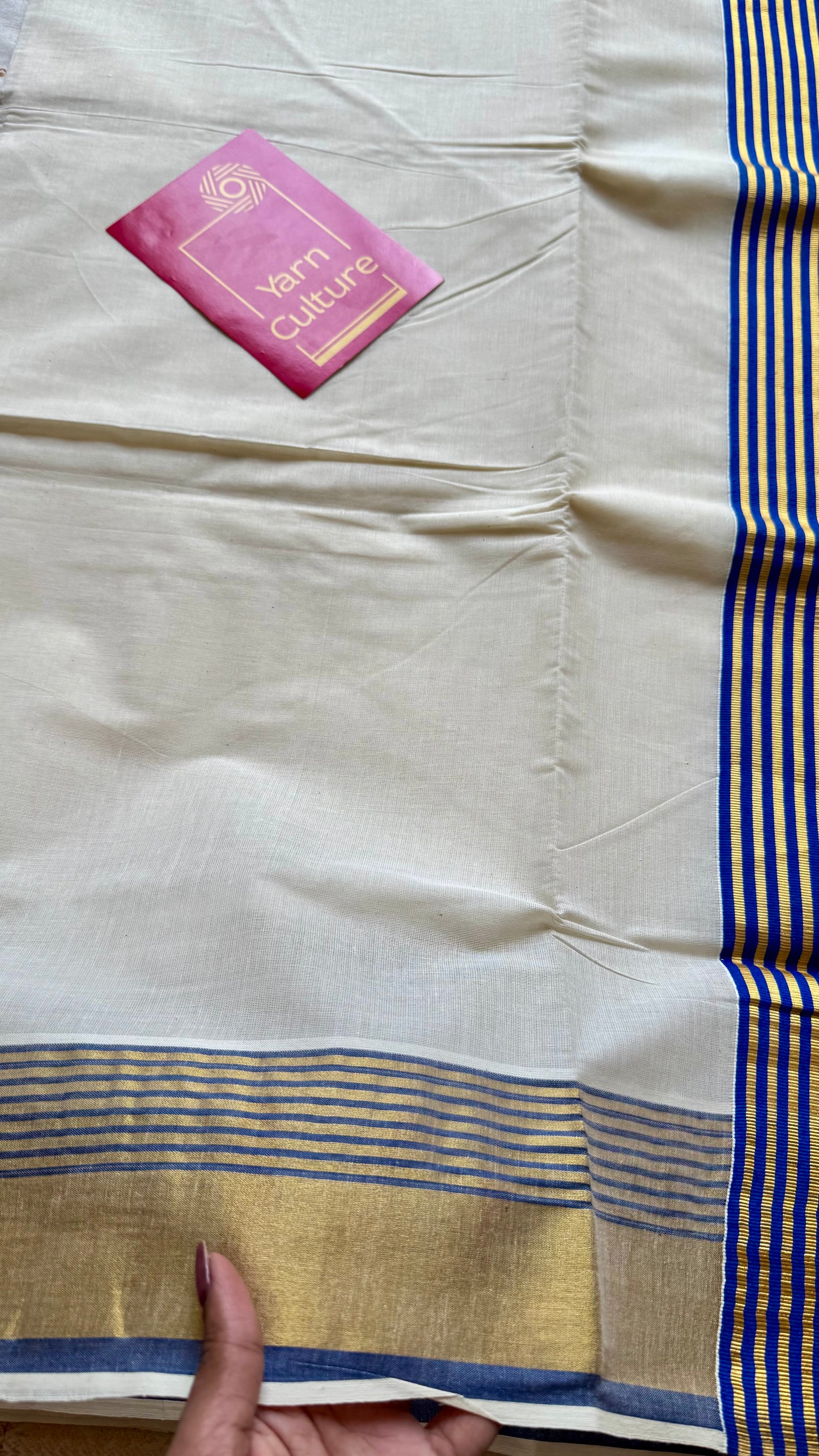 Ivory and gold soft cotton saree, royal blue border - YCIEON77