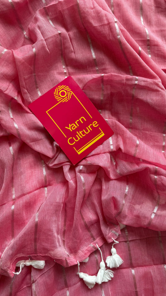 Candy Rose - pastel dusty pink with silver zari stripes, mul cotton - YCBCJULMS04