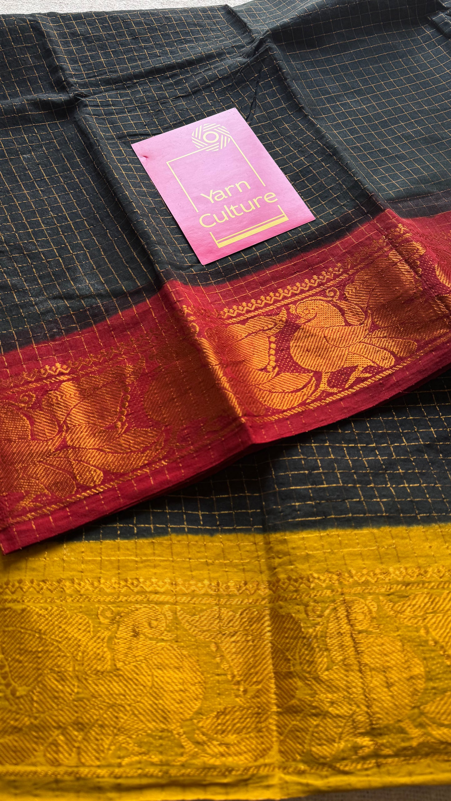 Sungudi cotton checks, black base, red and yellow dual tone border, soft cotton - YCCOTNGJJA181