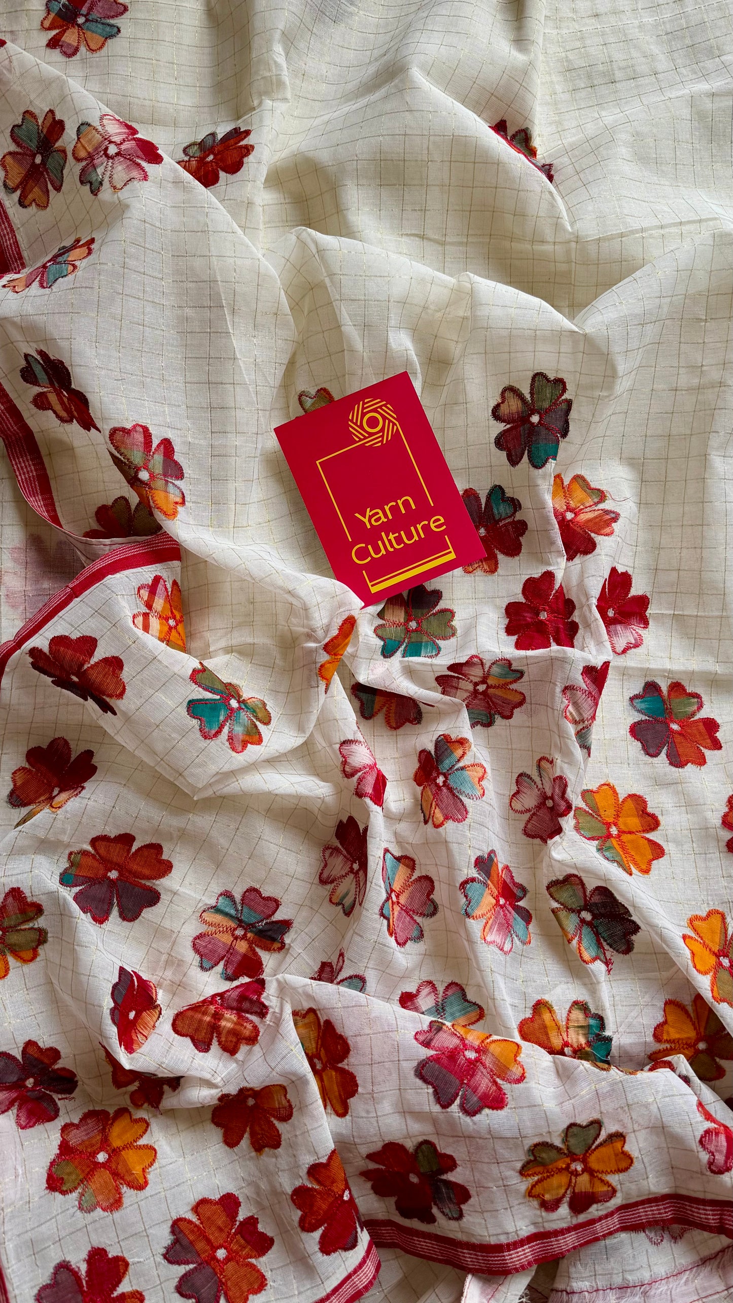 Ivory soft kota saree, with applique floral work - YCIEON88