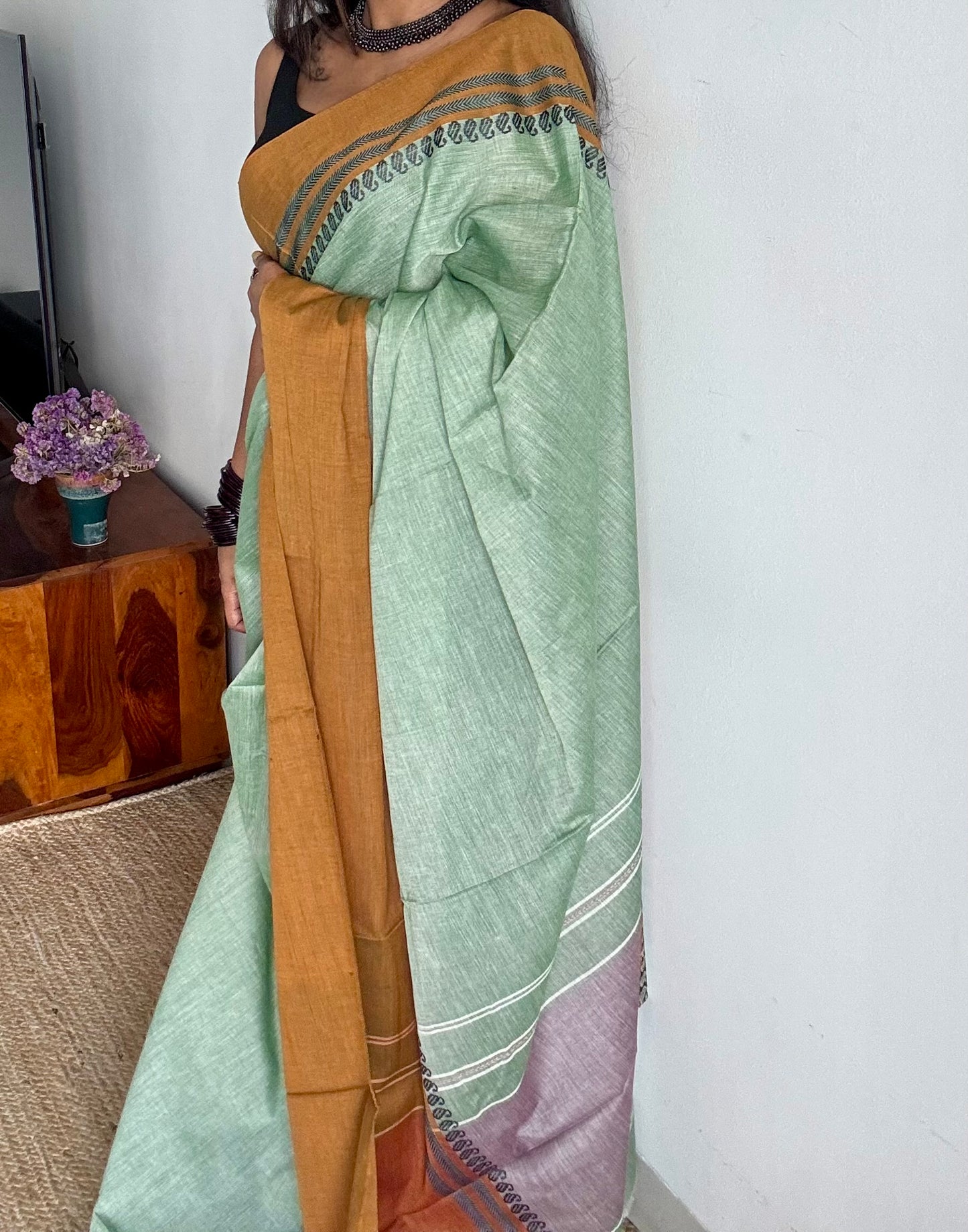 Dhonekhali handloom soft cotton saree, sage green with light brown border - YCBCDFE255