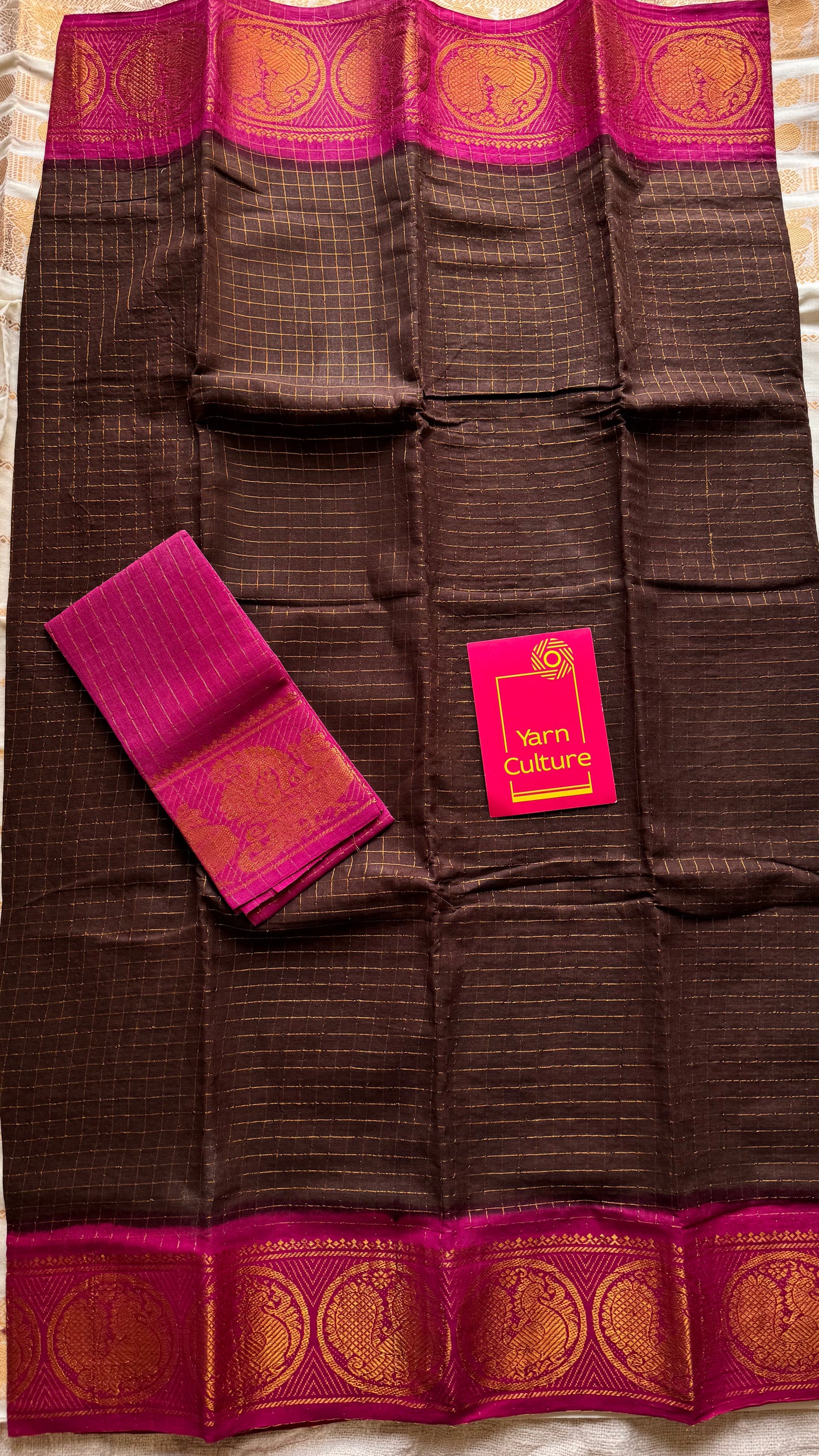 Brown with hot pink contrast zari checkered sungudi, kattuchayam dyed madurai cotton - YCCOTNMSAP170