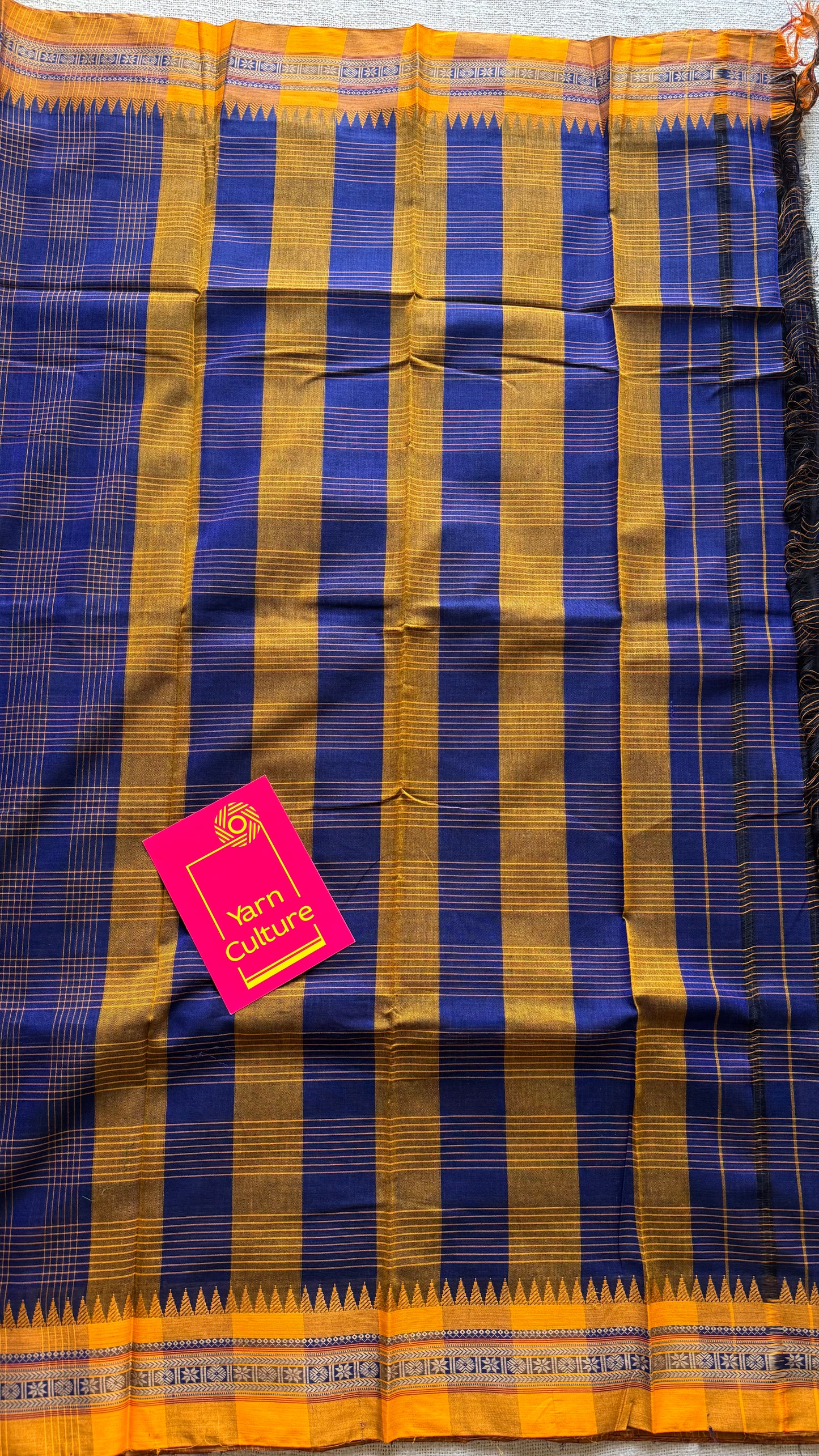 Dark blue checks with yellow border, handloom, soft cotton - YCLOKC219