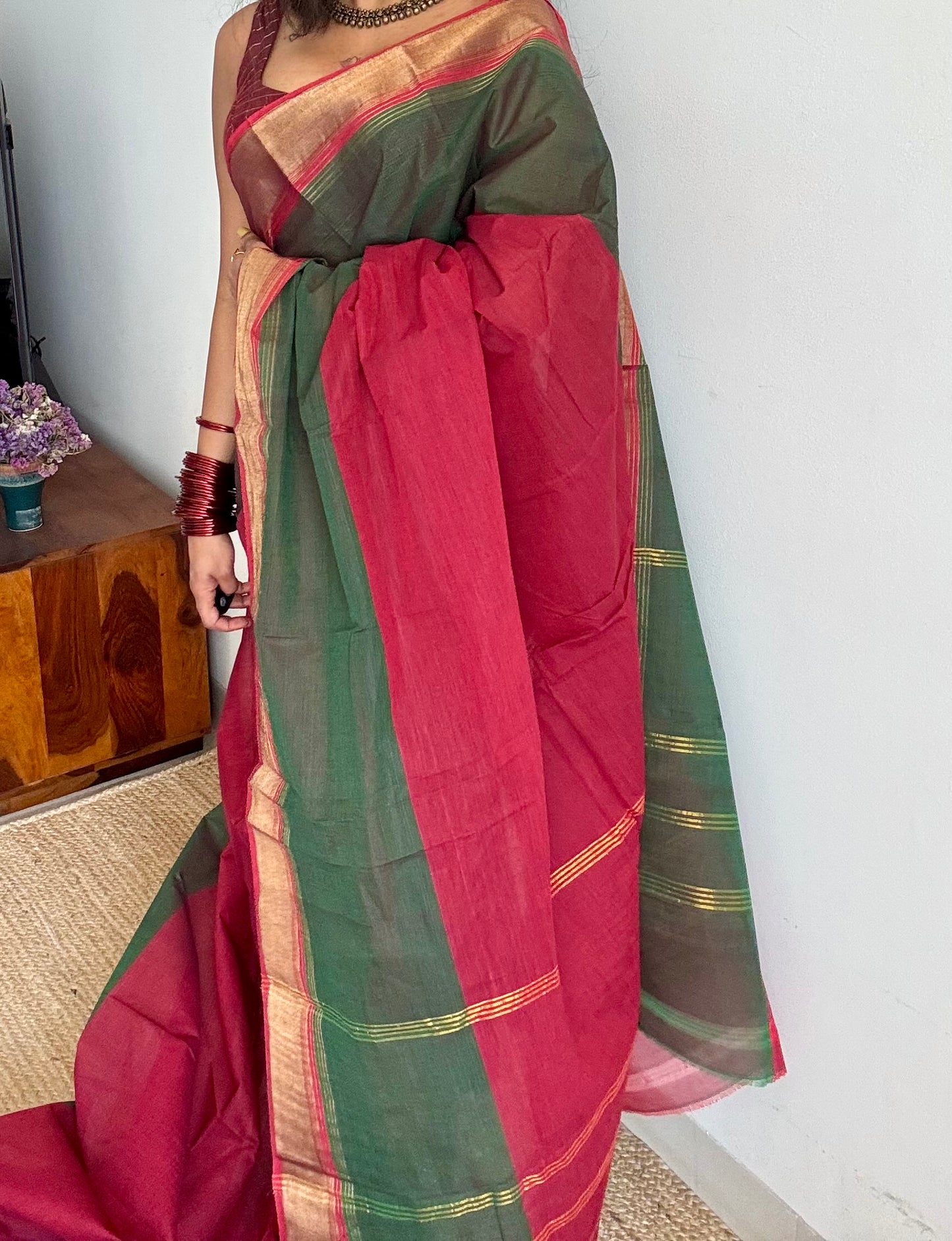 Maroon and green Chettinad cotton saree with antique gold zari border - YCCOTNCCFE152