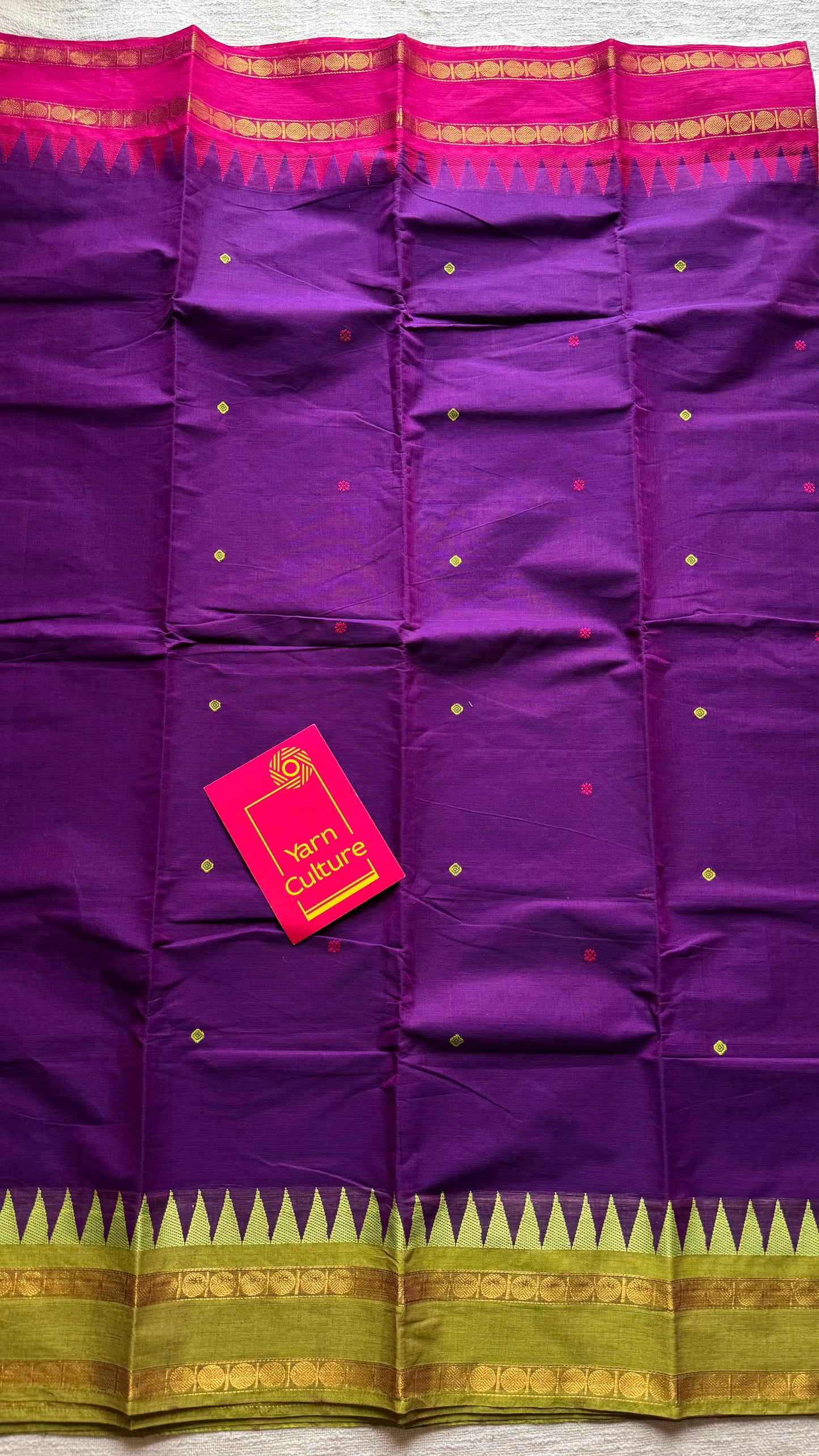 Kanchi cotton saree, purple with hot pink and lime green dual border - YCCOTNAP98