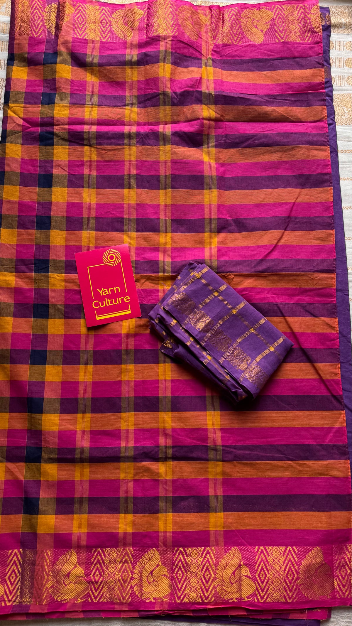 Multicolour checks with purple, sungudi and chettinad cotton half-half saree -YCCOTNIDOC33