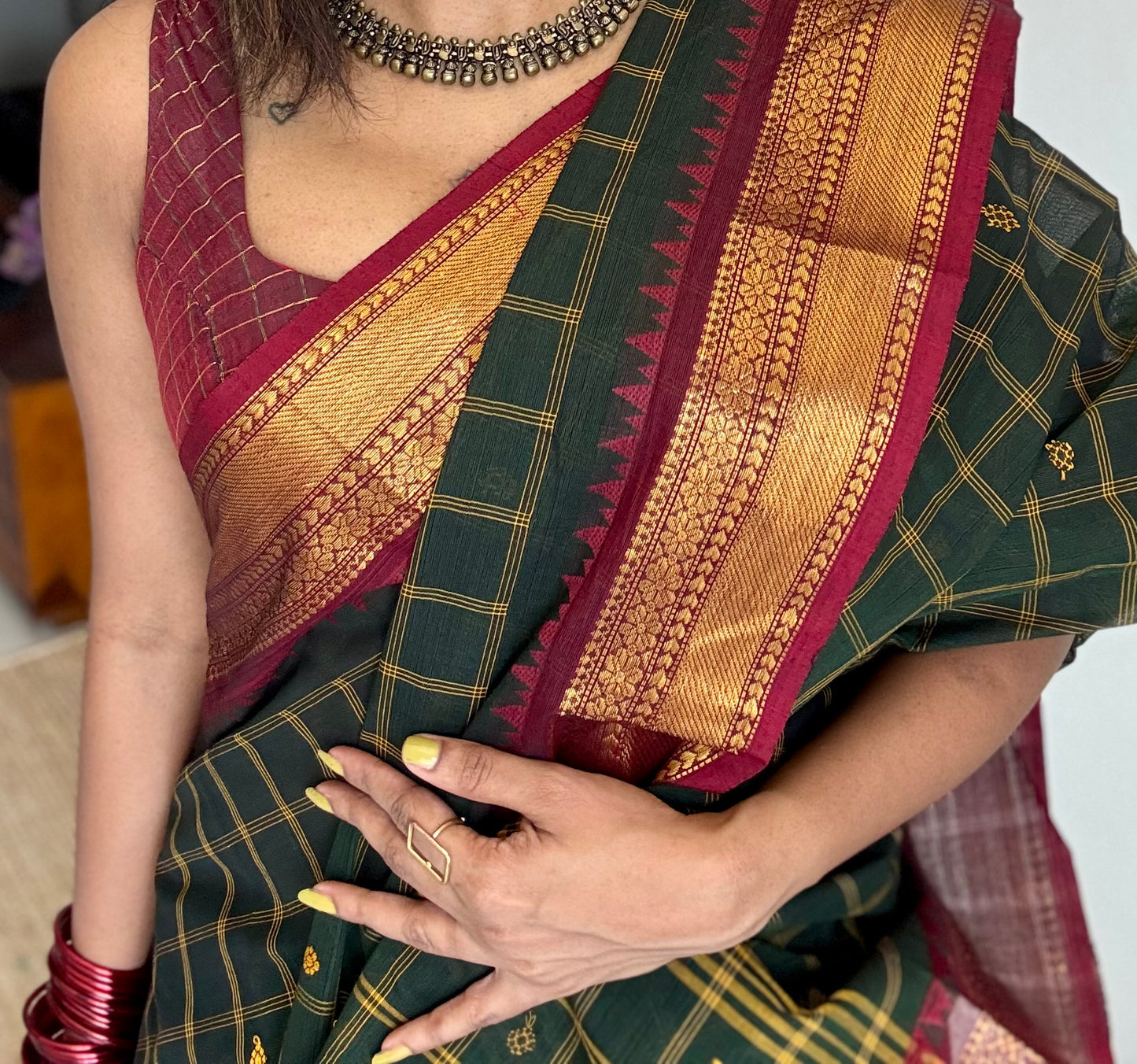 Dark green Kanchi cotton saree with striped checks, woven buttas and maroon zari border - YCCOTNCCFE159