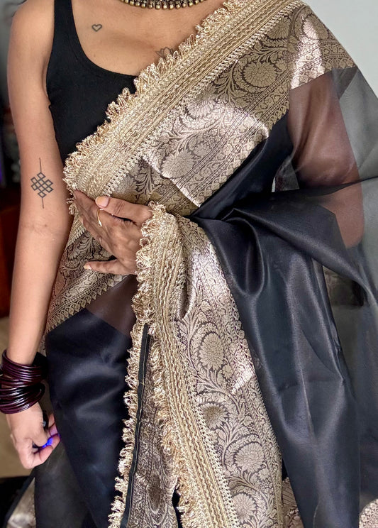 Black tissue Banarasi saree with embellished gold lace border - YCBLTOC81