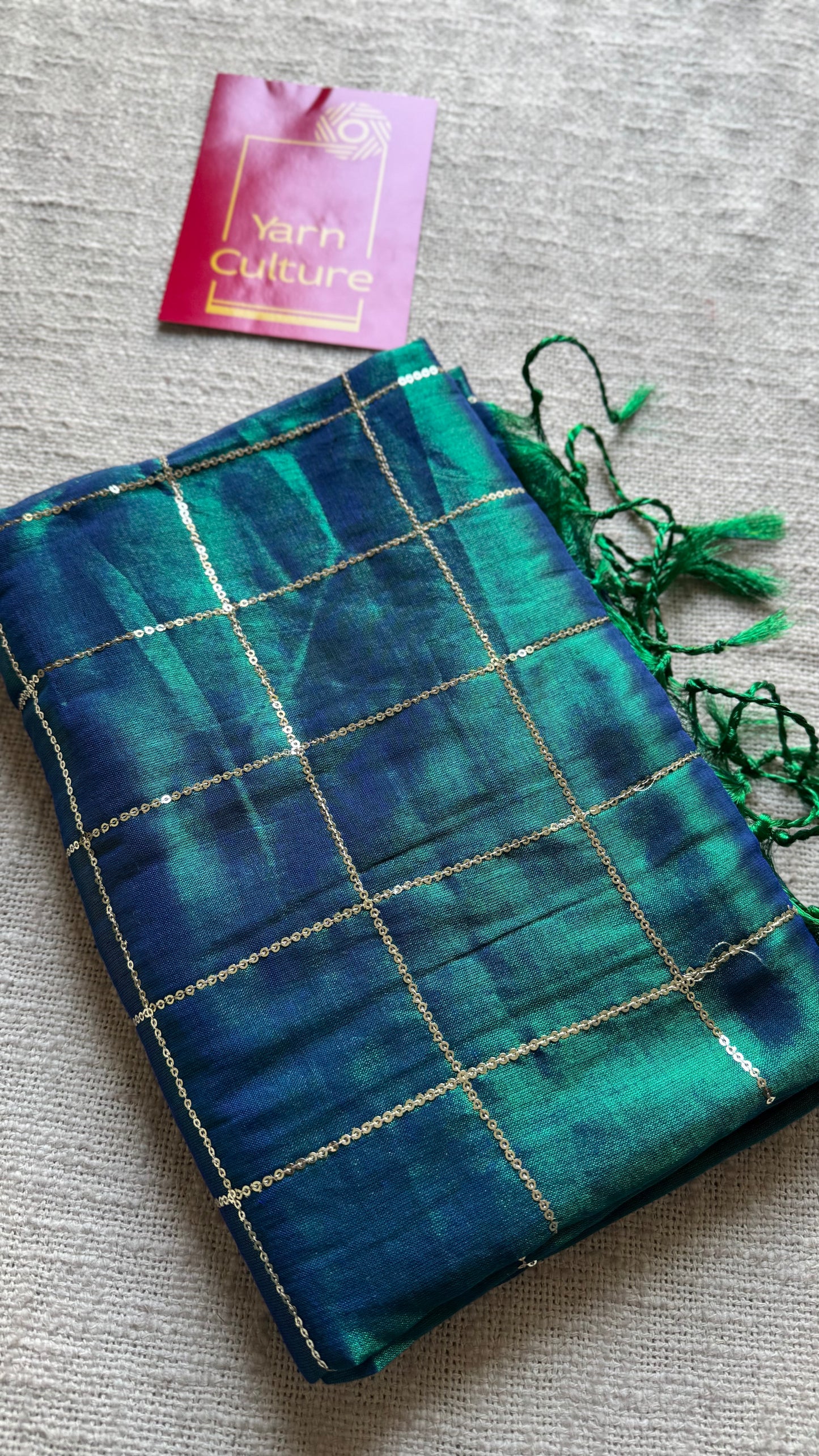 Peacock blue, checkered sequins work, mul tissue - YCBCMCJA09