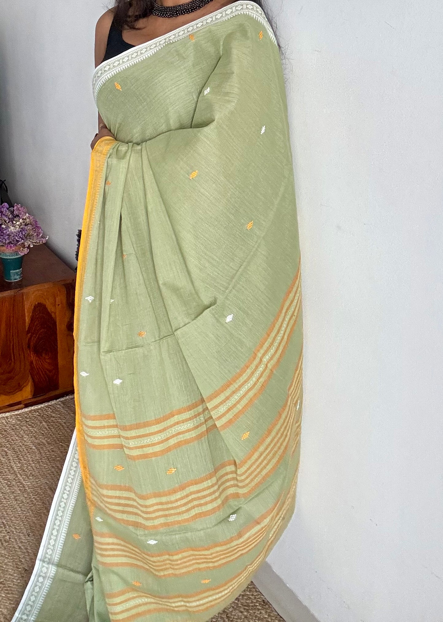Dhonekhali handloom soft cotton saree, sage green with yellow and white woven buttas and border - YCBCDFE260