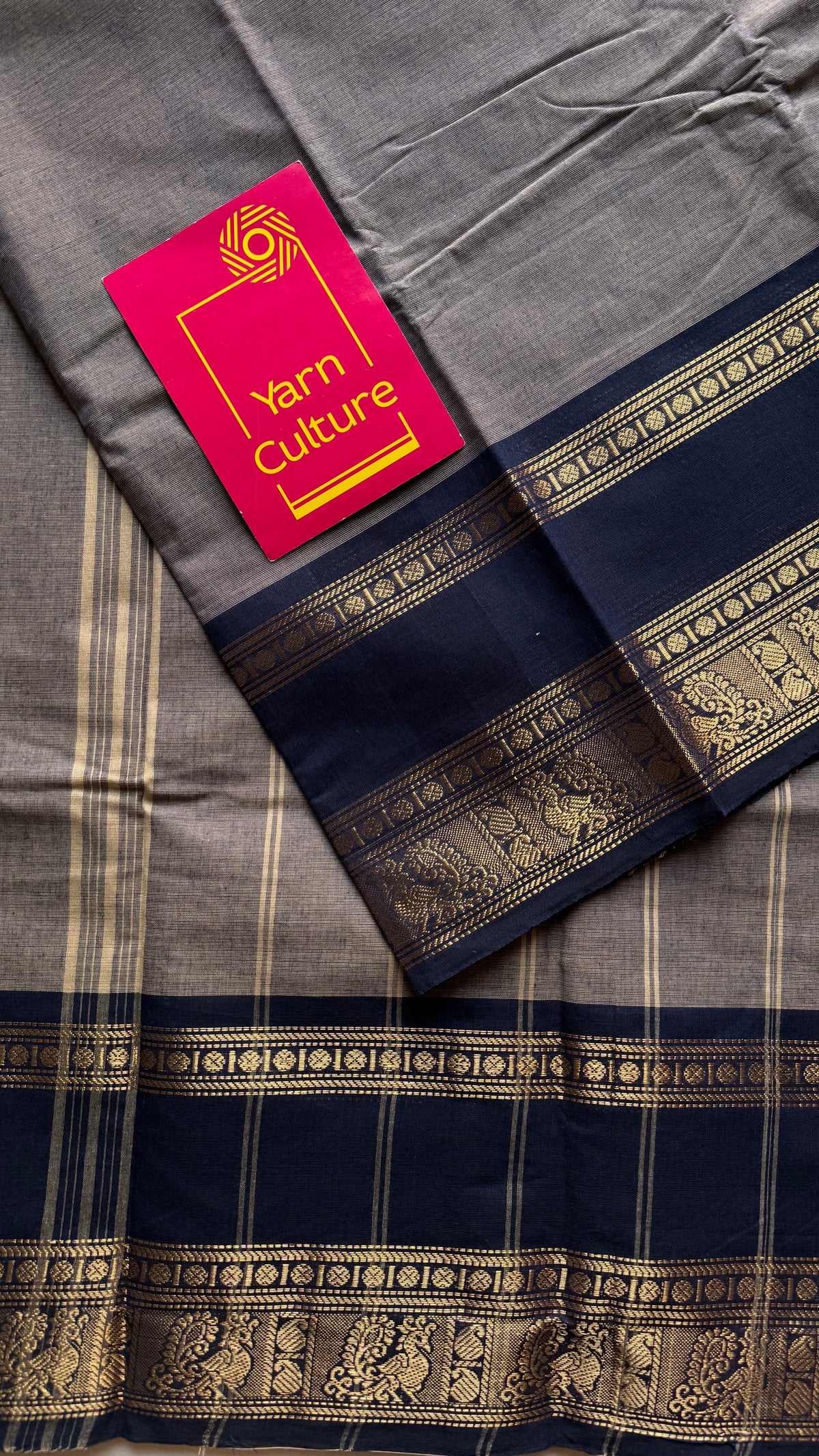 Grey with dark blue gap zari border, kanchi cotton saree - YCCOTNCCOC116