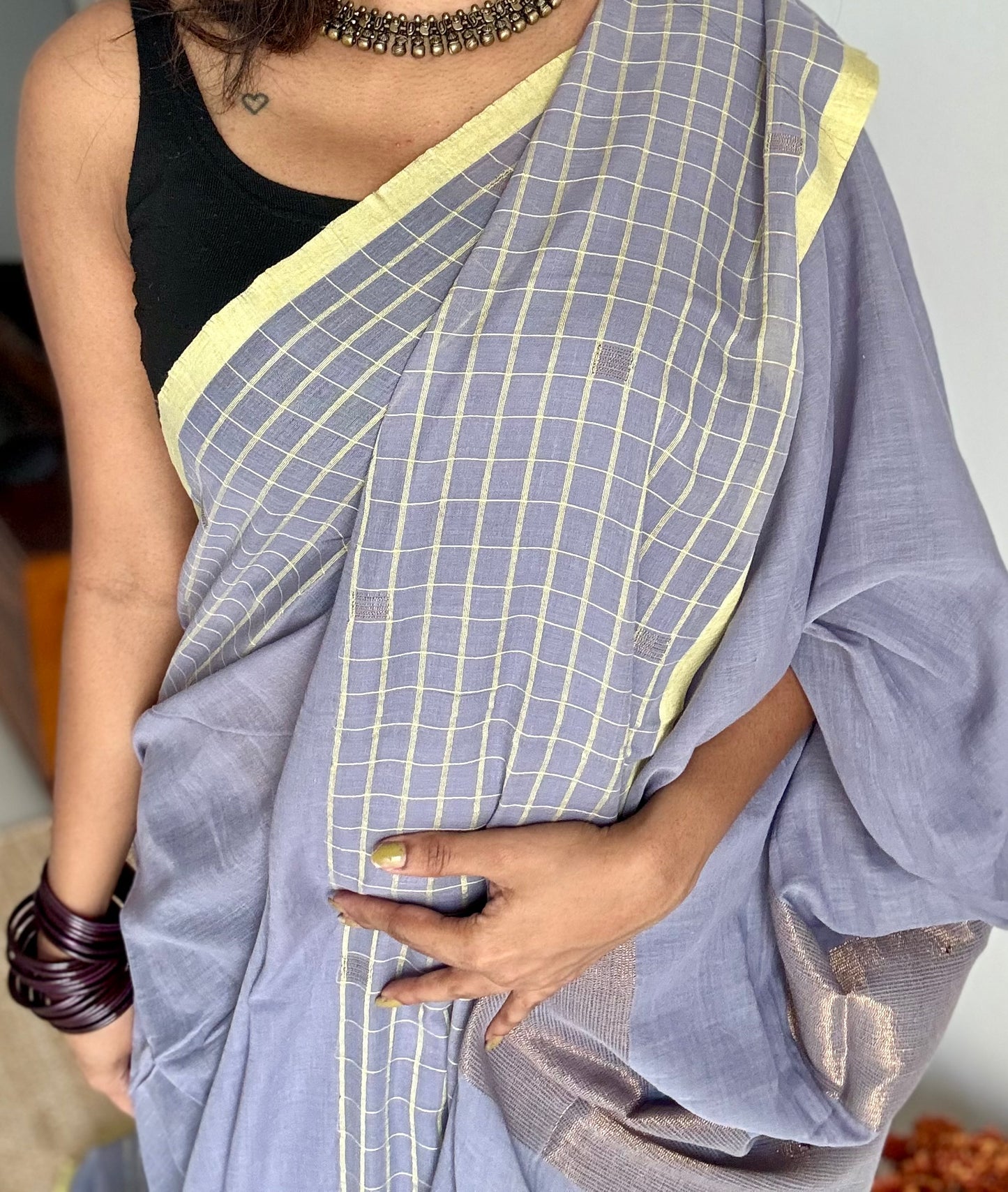 Grey handloom mul saree with custard yellow checkered borders and antique gold buttas - YCBCMCFE387