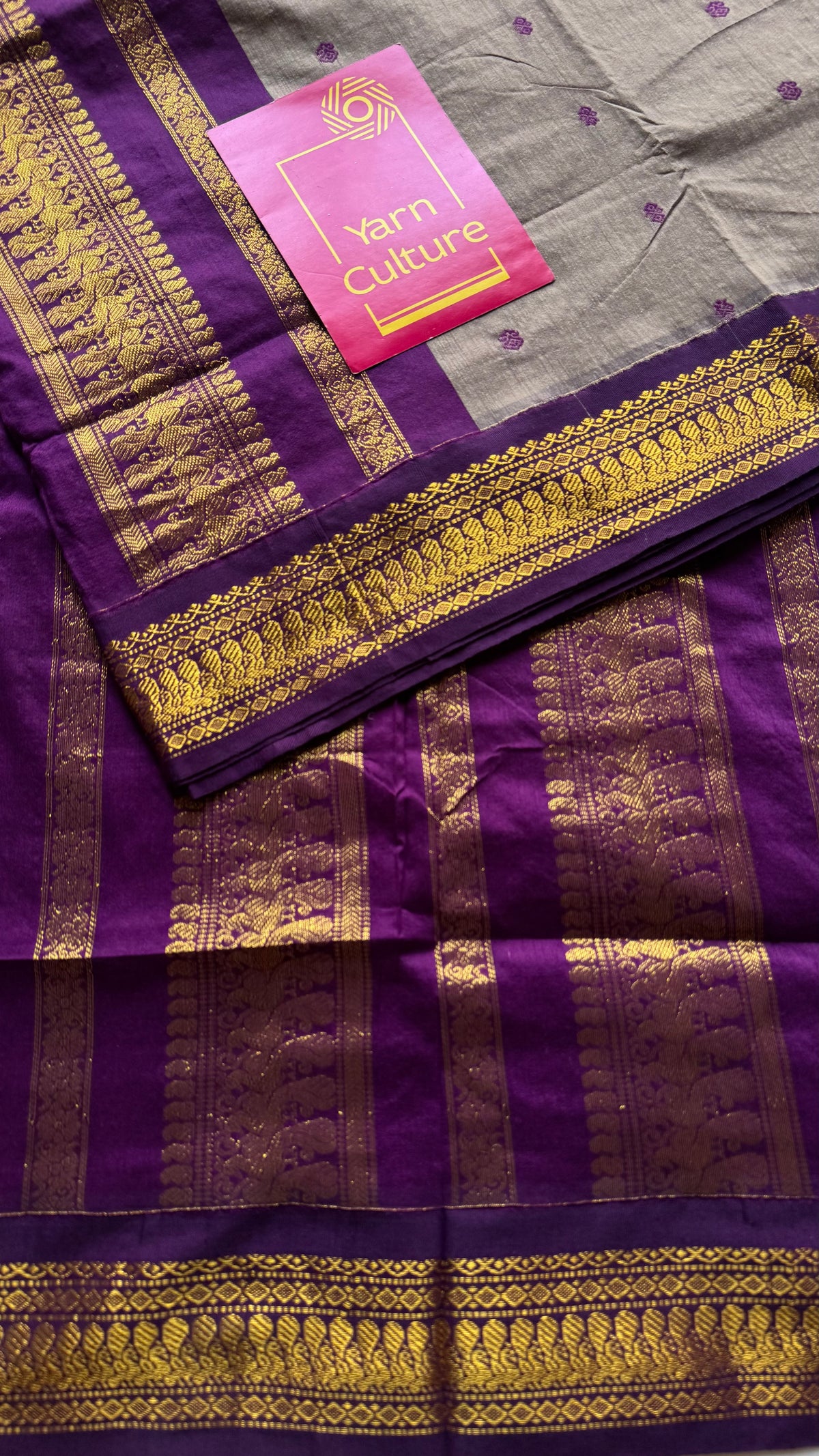 Warm grey with purple, cotton silk saree with zari border - YCCOTNKCOC107