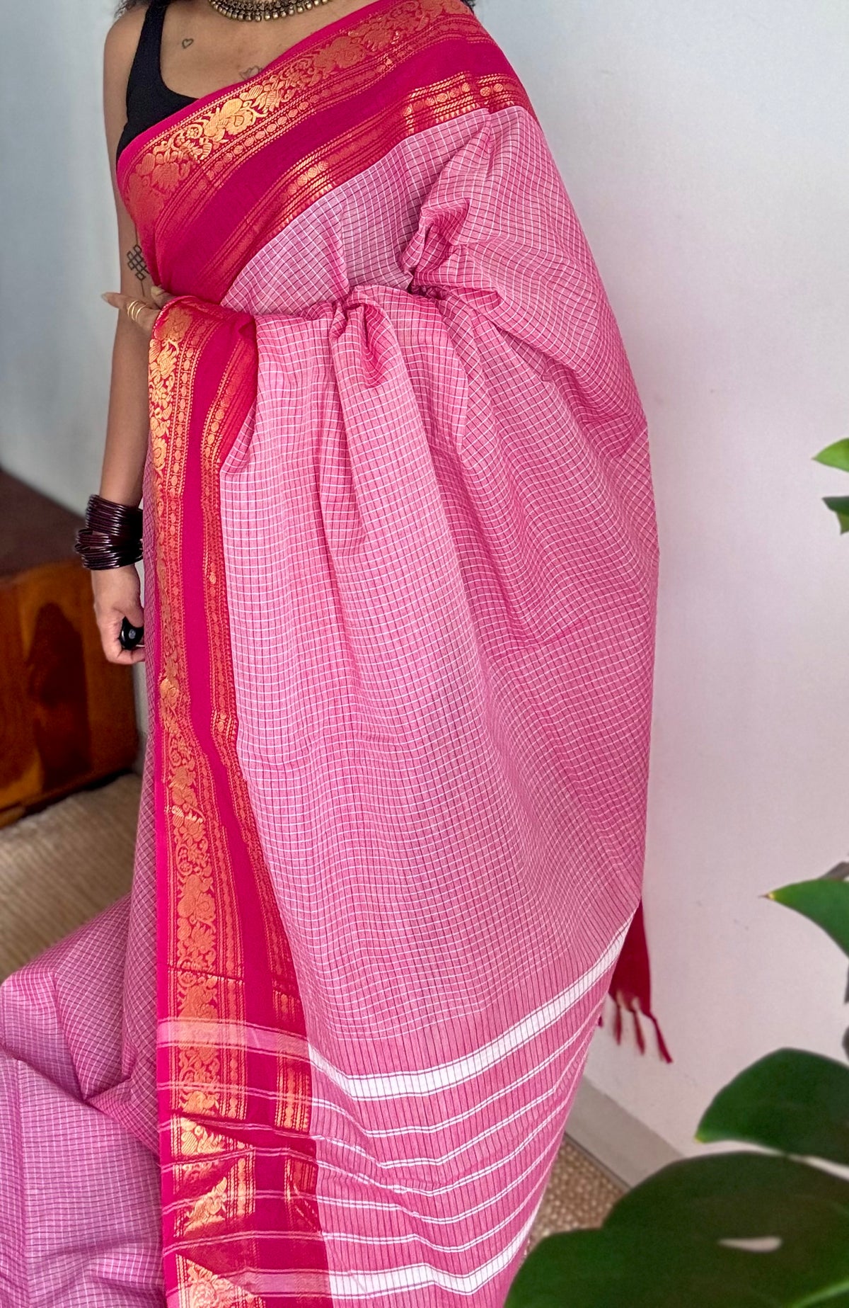 Pink checks with hot pink zari border kanchi cotton saree - YCCOTNCKSE21