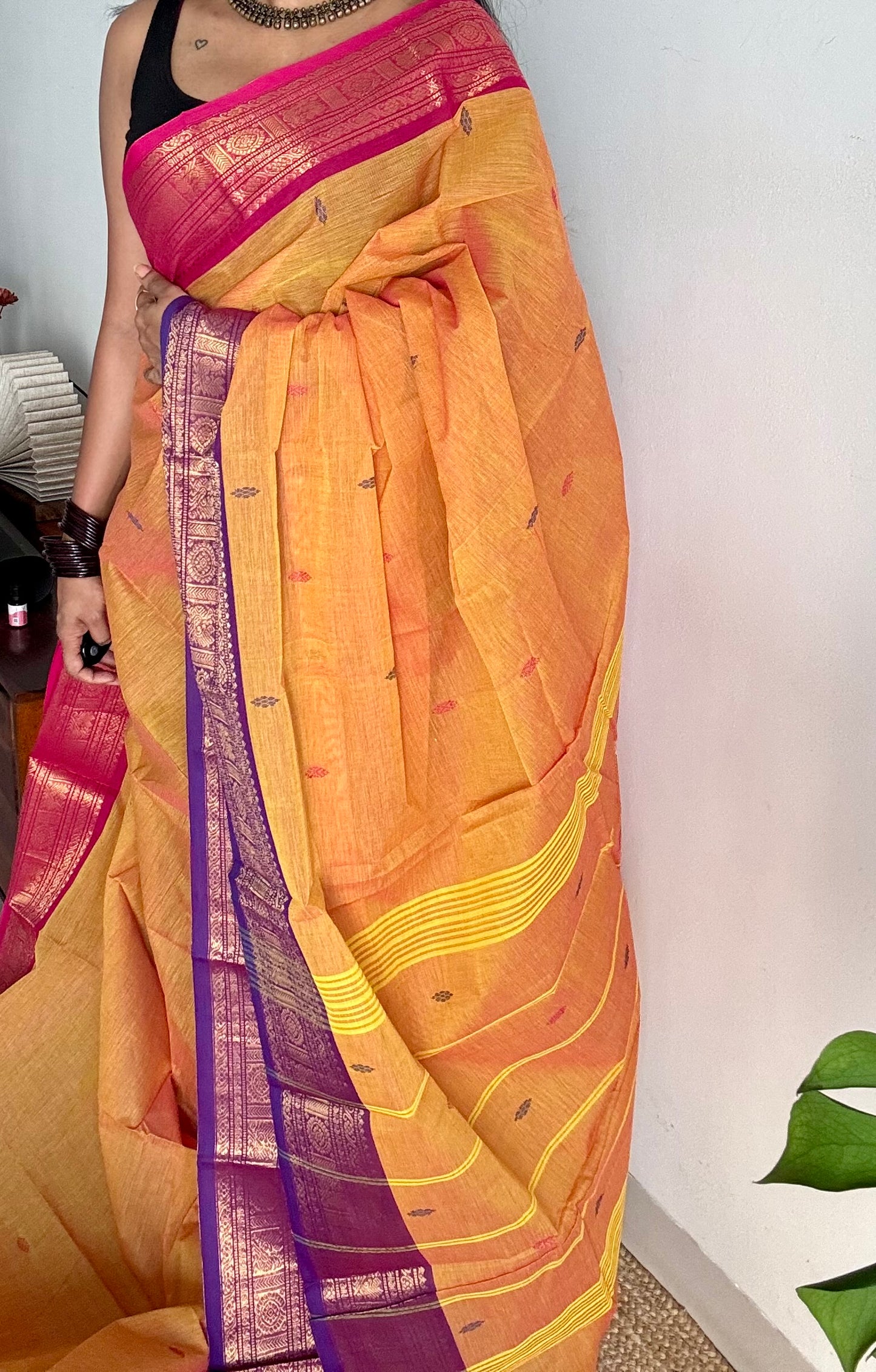 Light orange with hot pink and purple contrast, kanchi cotton saree - YCCOTNMA325