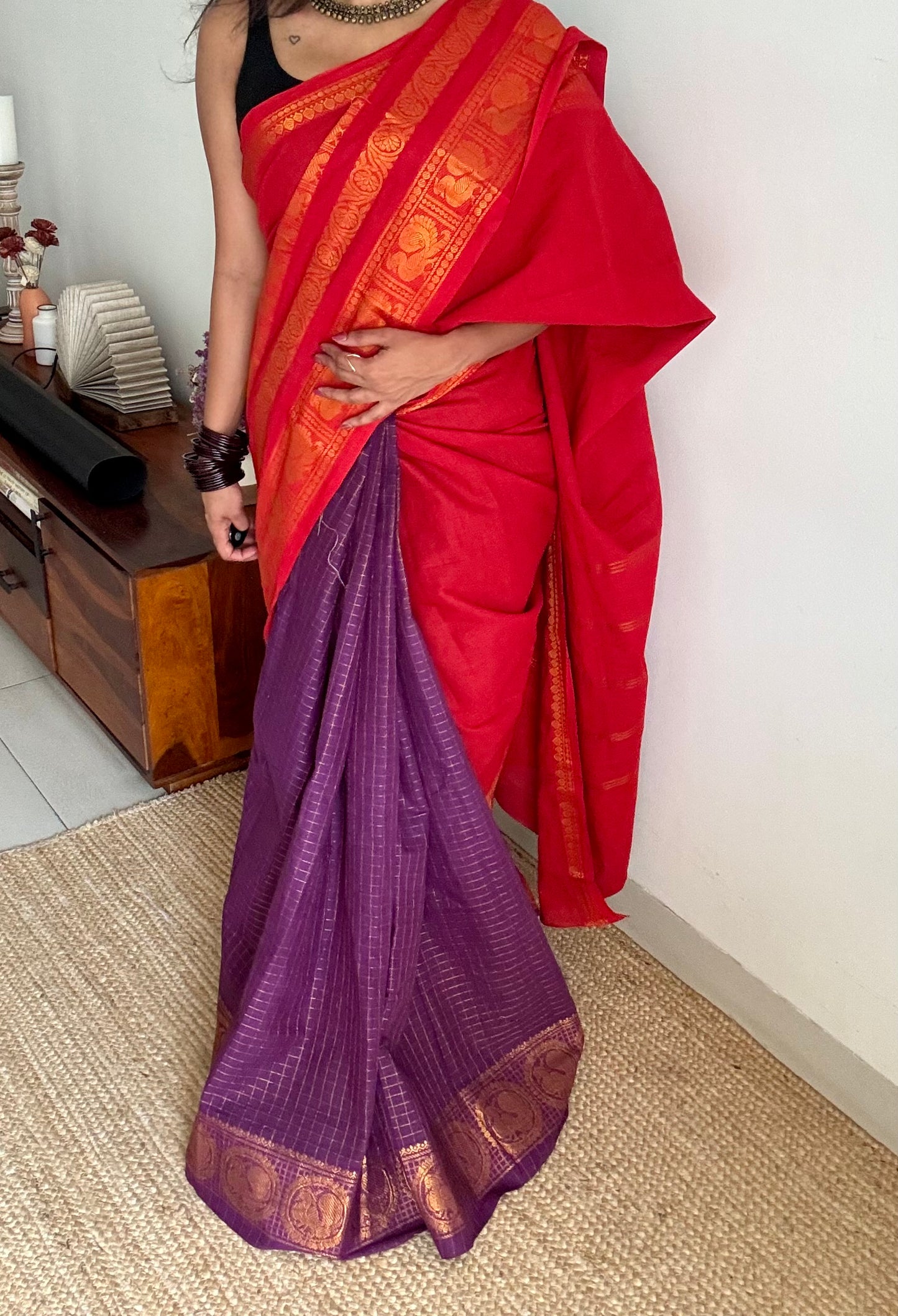 Chilli red and purple, sungudi cotton half-half saree - YCCOTNIDMA309