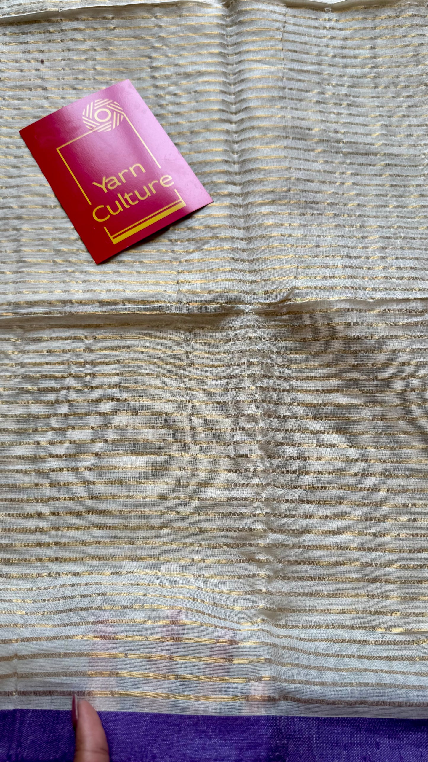 Ivory mul saree, gold stripes, purple border - YCIEON21
