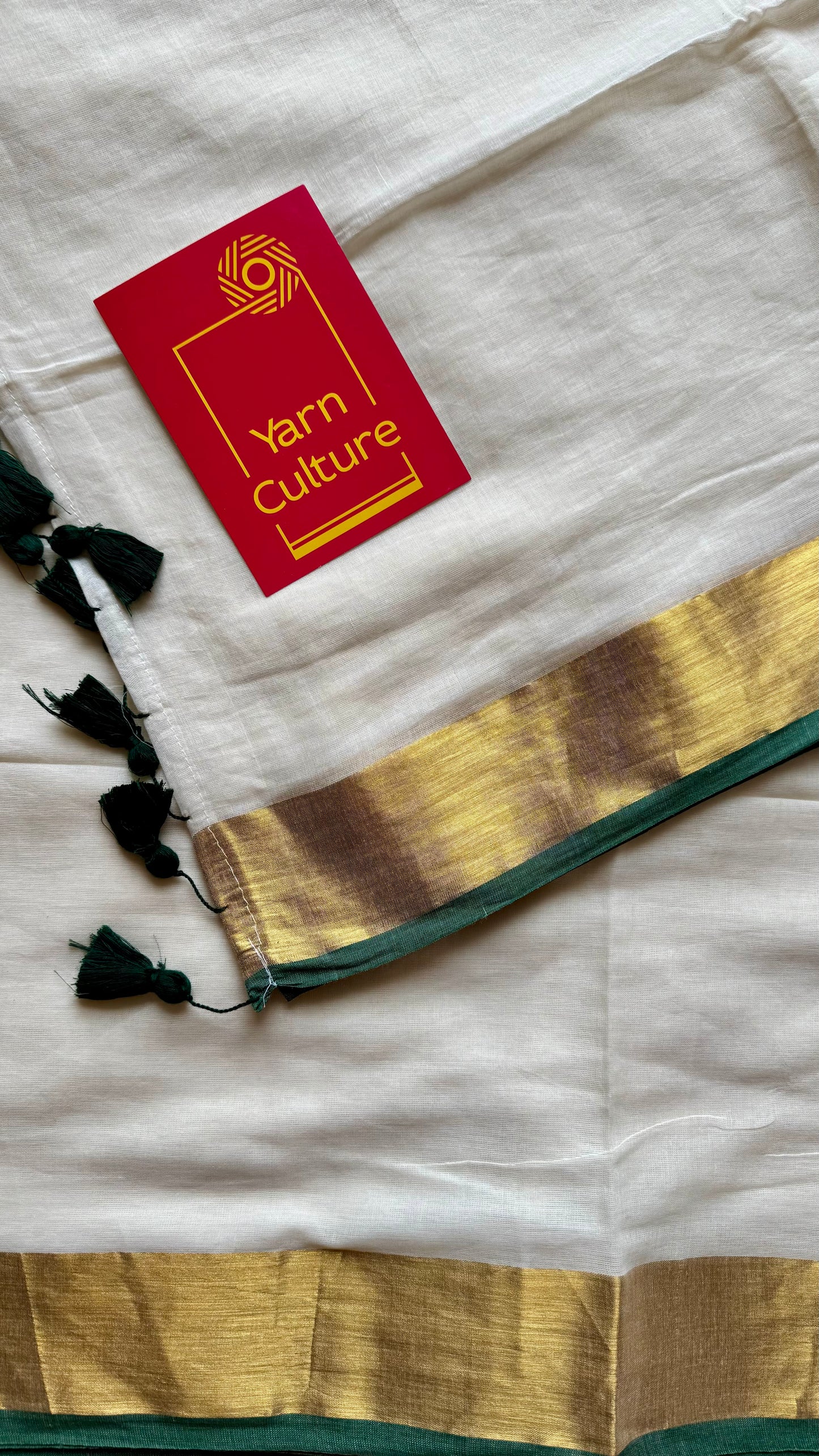 Ivory mul saree, green and gold border -YCIEON16