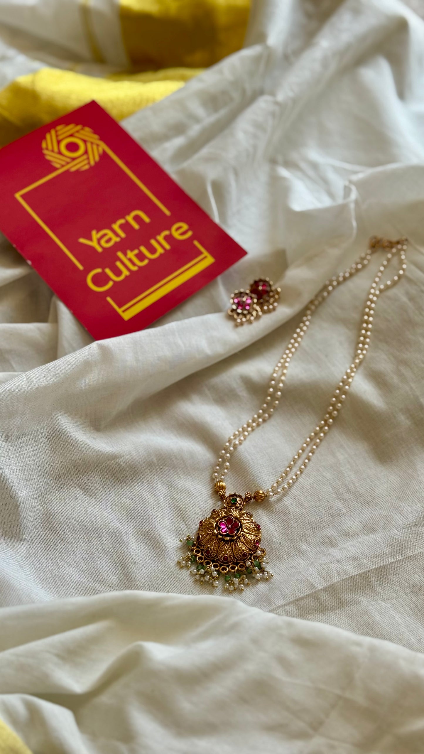 Floral ruby green pendant pearl chain neckpiece with earrings - YCGPNP667