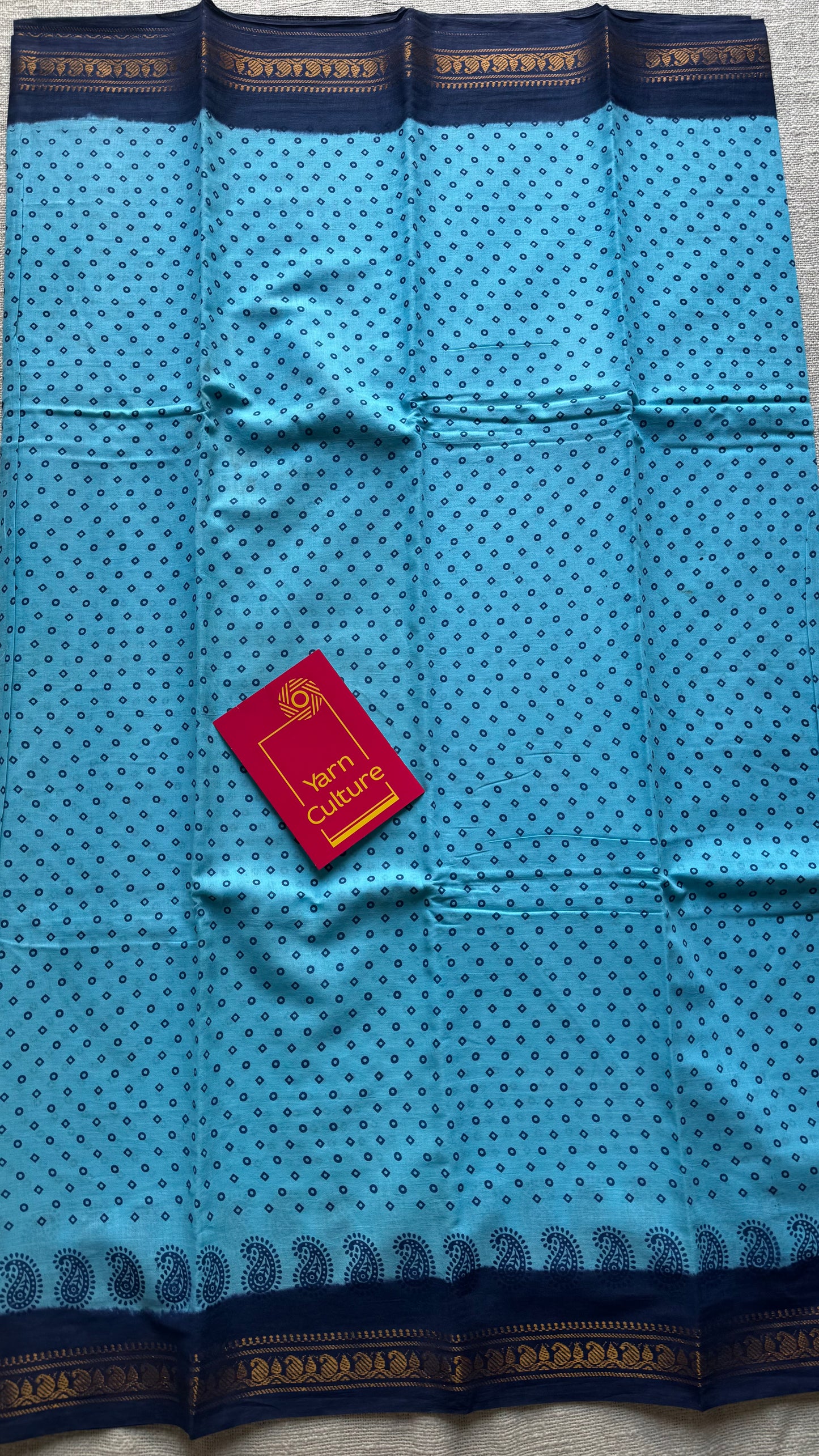 Light blue with dark blue, motif printed, kattuchayam dyed madurai sungudi cotton saree - YCCOTNMSFE76