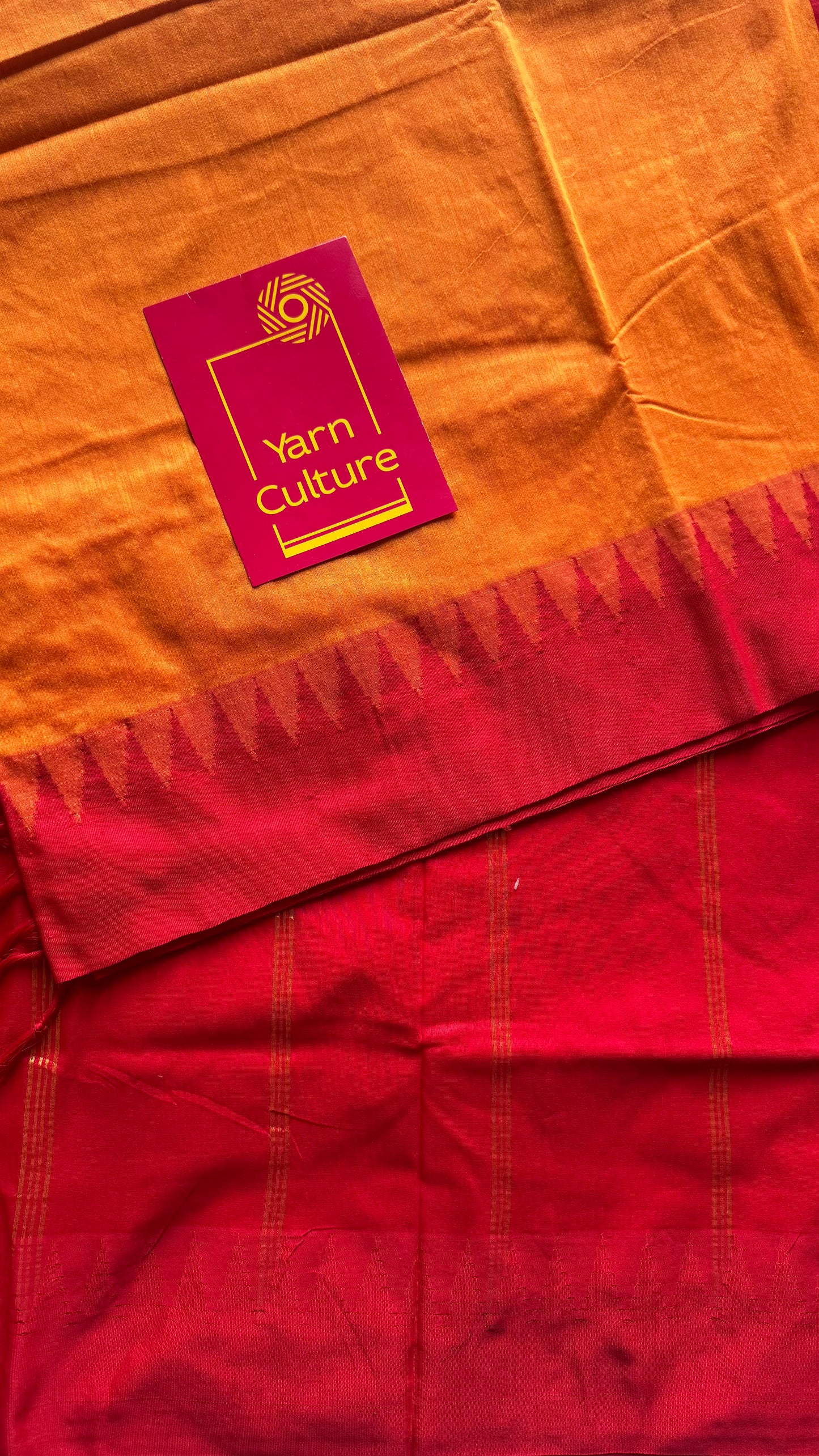 Light orange with red contrast, temple border saree, cotton silk - YCCOTNTBFE55