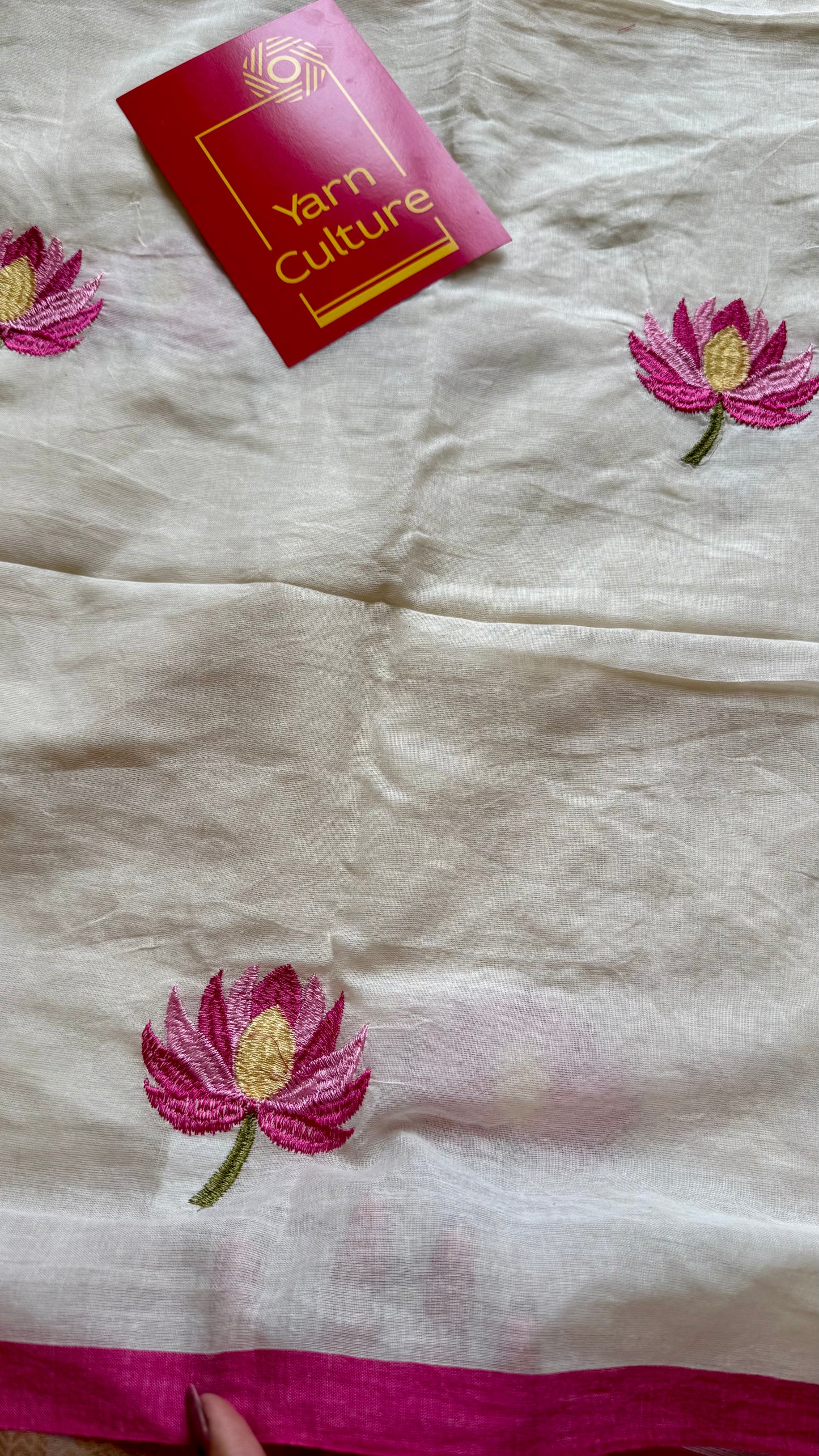 Ivory mul saree, with pink lotus embroidery - YCIEON03