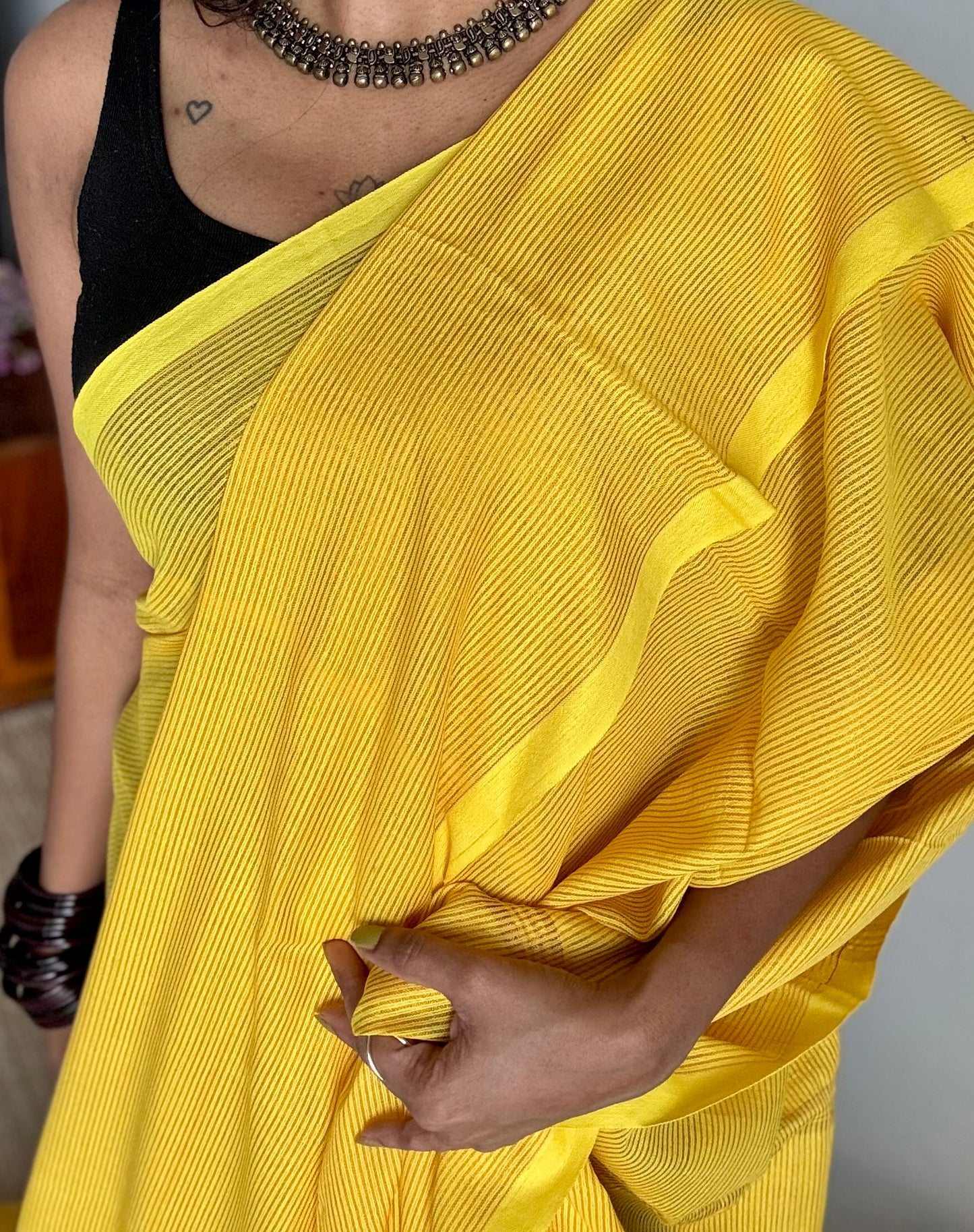 Yellow, gold zari stripes, soft cotton - YCBCSKZS09