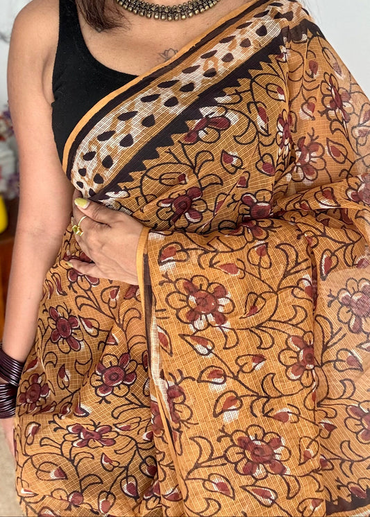 Orange Drama - light orange with brown floral kota doria saree - YCTORKDAP03