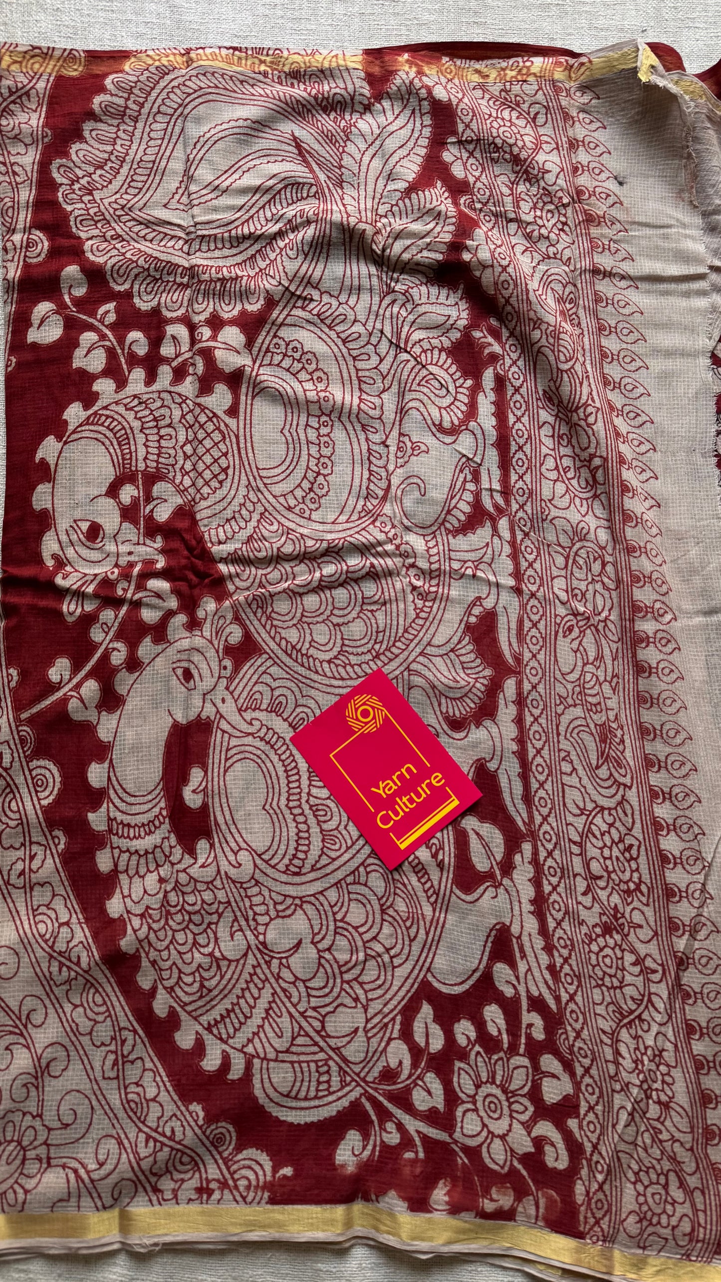 Red cream kalamkari saree in kota, with zari border - YCWOTDKKFE16