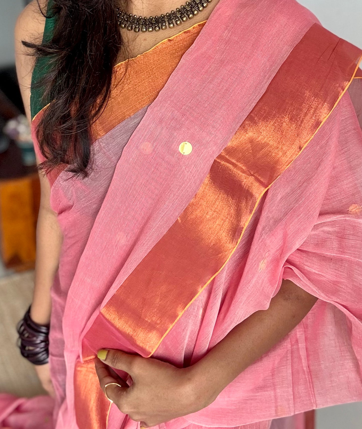 Pink mul with gini sequins and copper zari border - YCBCMCNO58