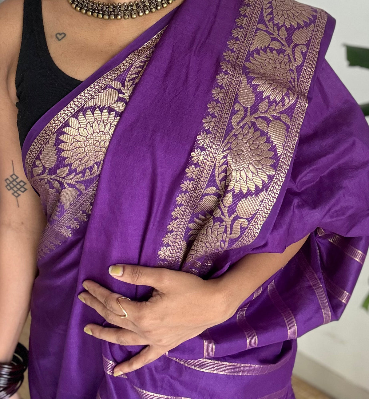 Purple, semi crepe silk saree with antique gold floral border - YCLOKOC59