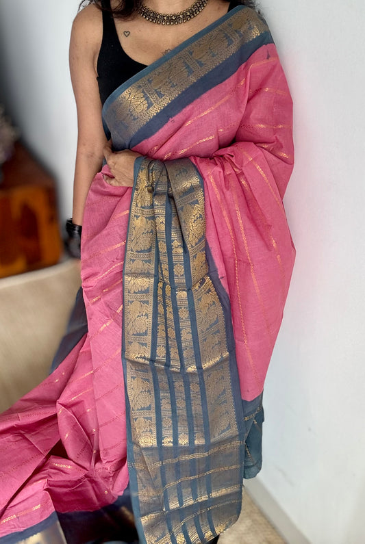 Pink with grey, peacock rudraksham motif, single side broad zari - madurai kattuchayam dyed - YCCOTNAUS32