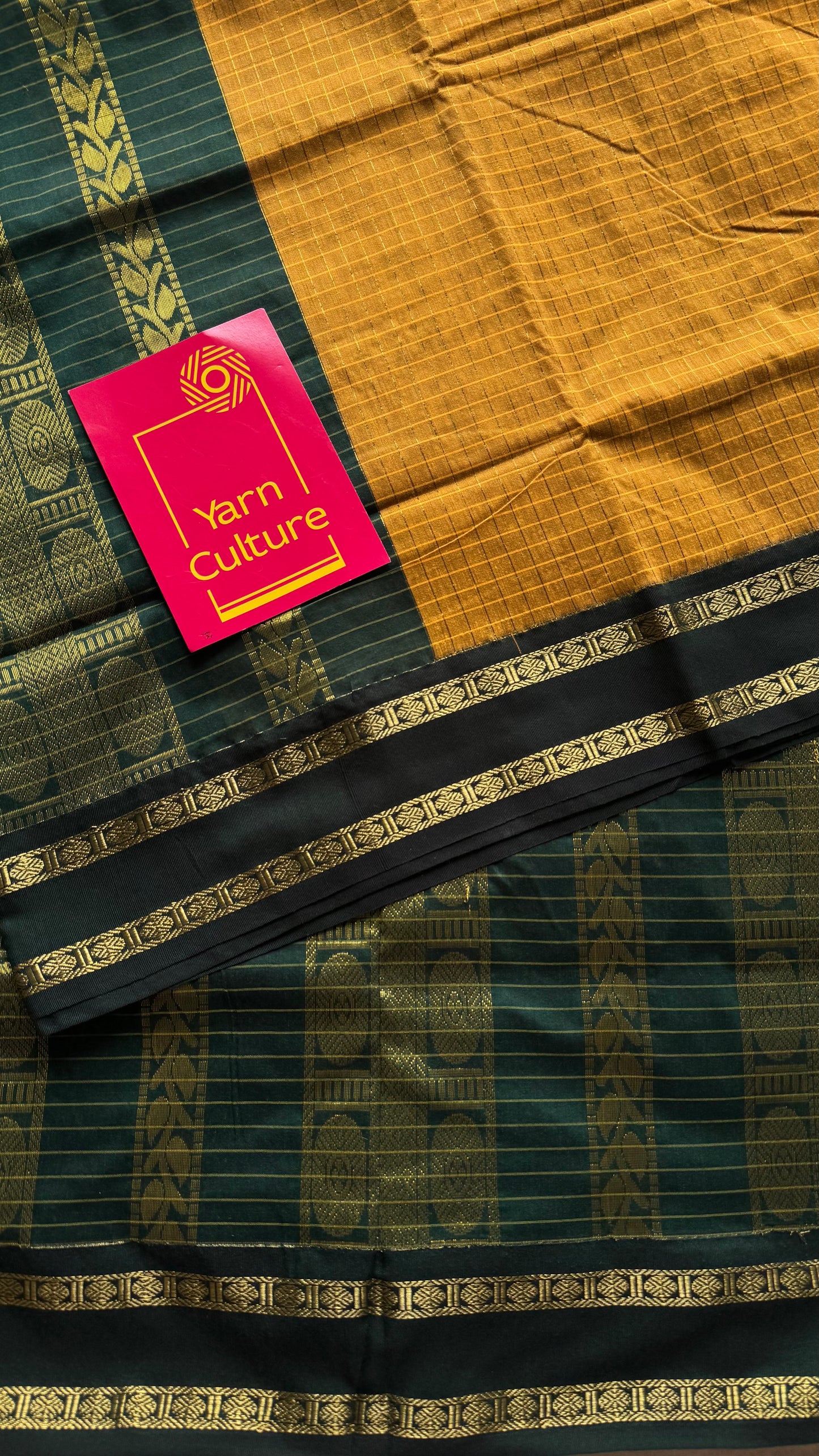 Mustard yellow with dark green contrast arani checkered saree, cotton silk - YCCOTNAUG12