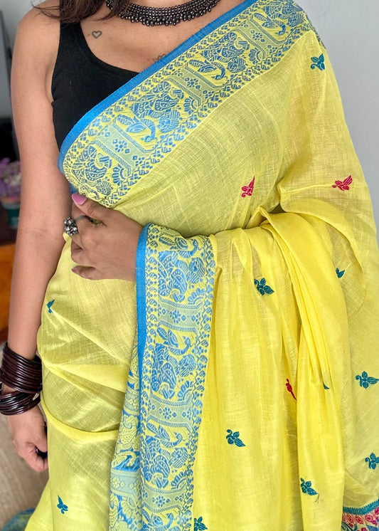Yellow with blue, Baluchari-inspired soft cotton handwoven saree - YCHOTEBCJA226