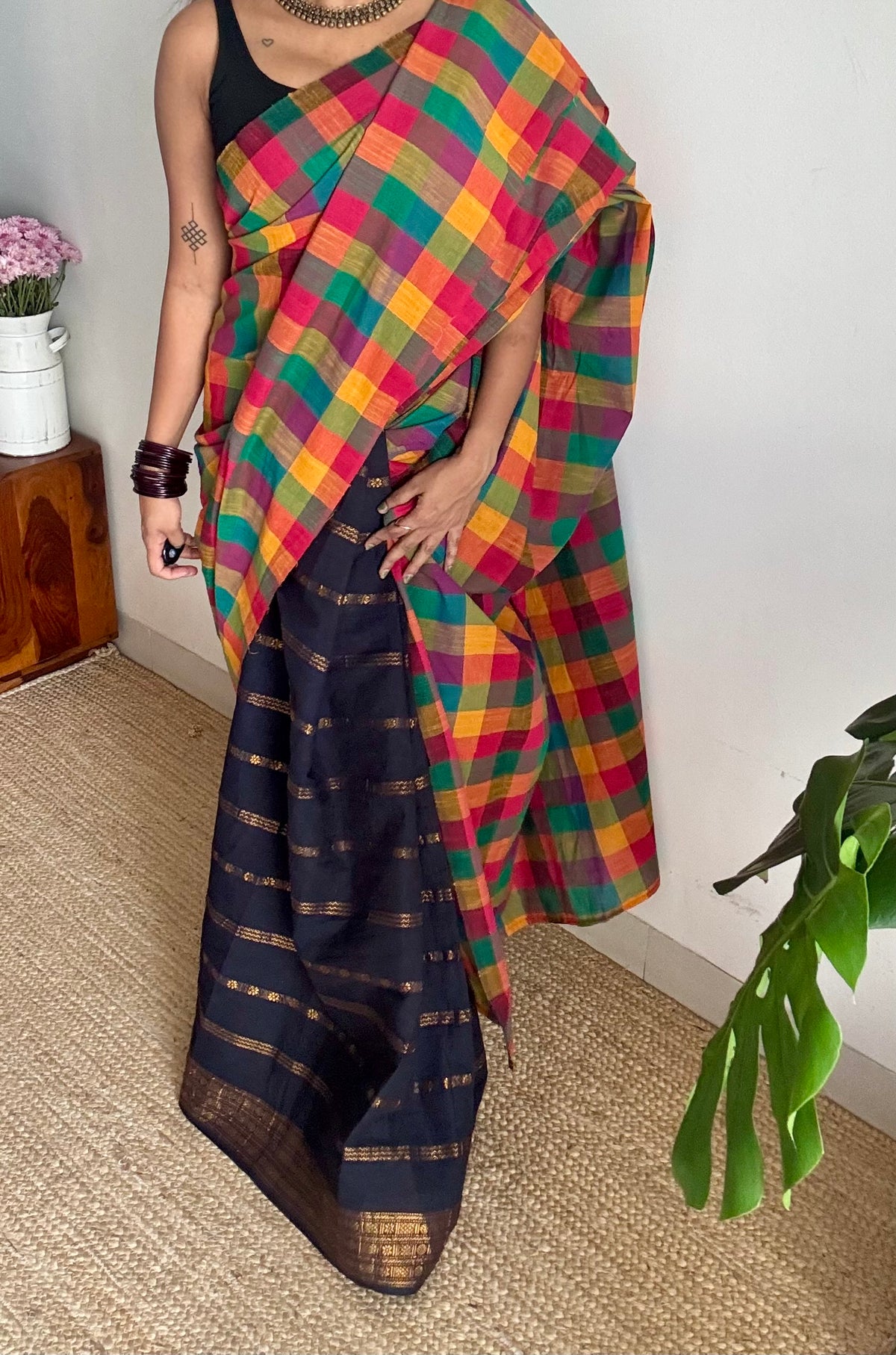 Black velthaari stripes with multicoloured madras checks, cotton half and half saree - YCCOTNIDOC167