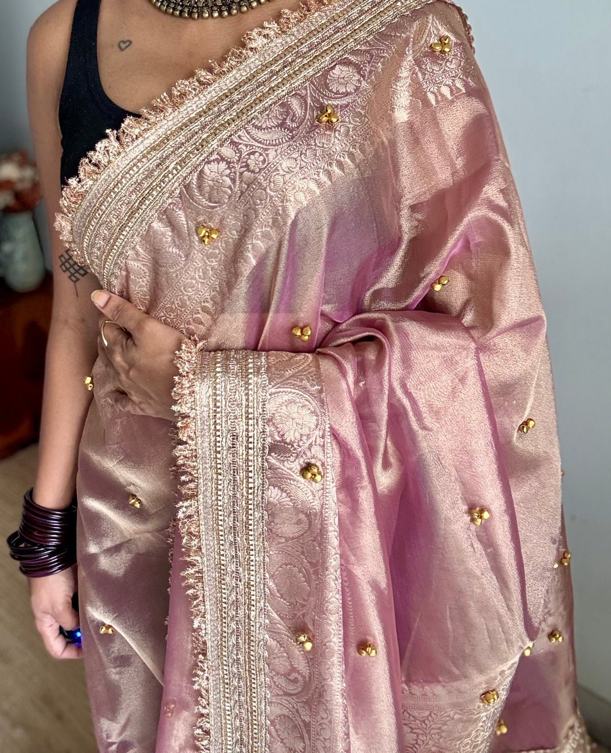 Pink gold tissue Banarasi saree with ghungroo embellishments and zari border - YCBLTOC71