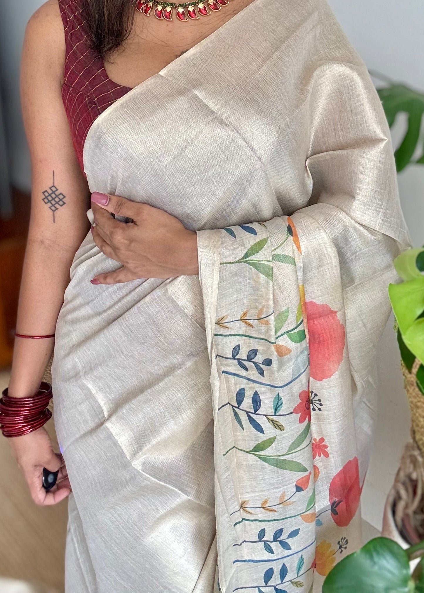 Sandal soft semi tissue saree, multicoloured floral prints - YCIEON82