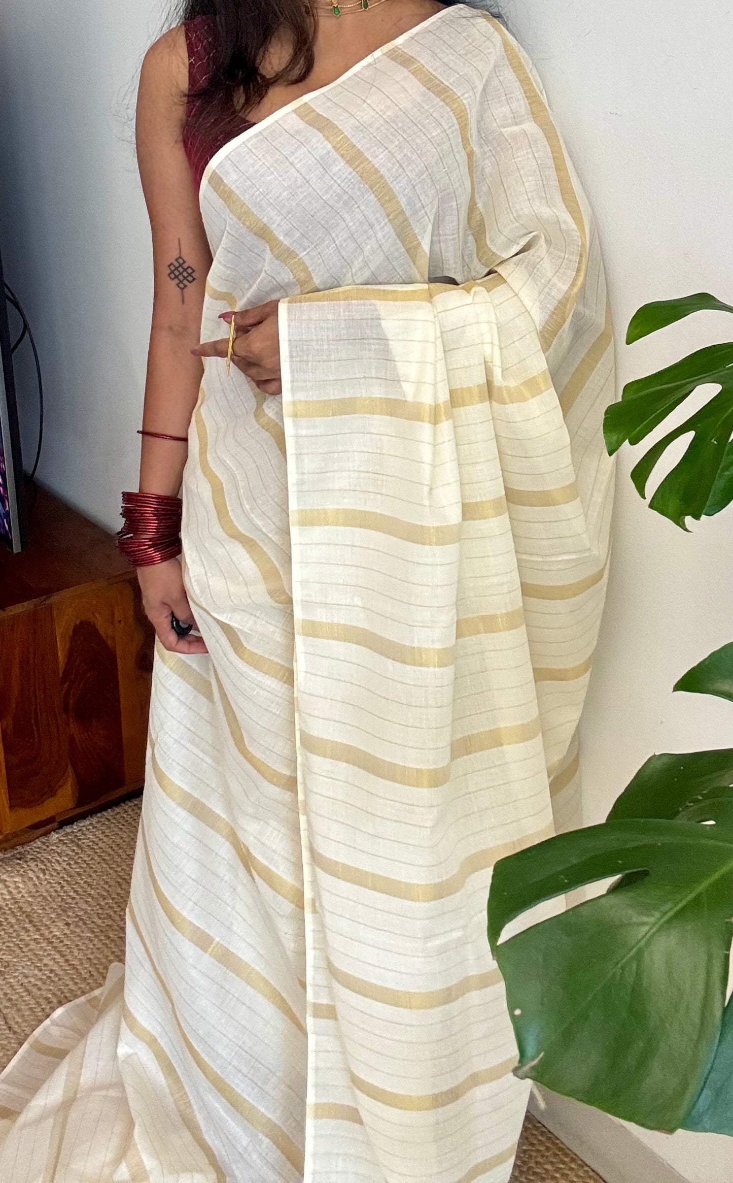 Ivory and gold kerala saree with gold stripes - YCIEON44